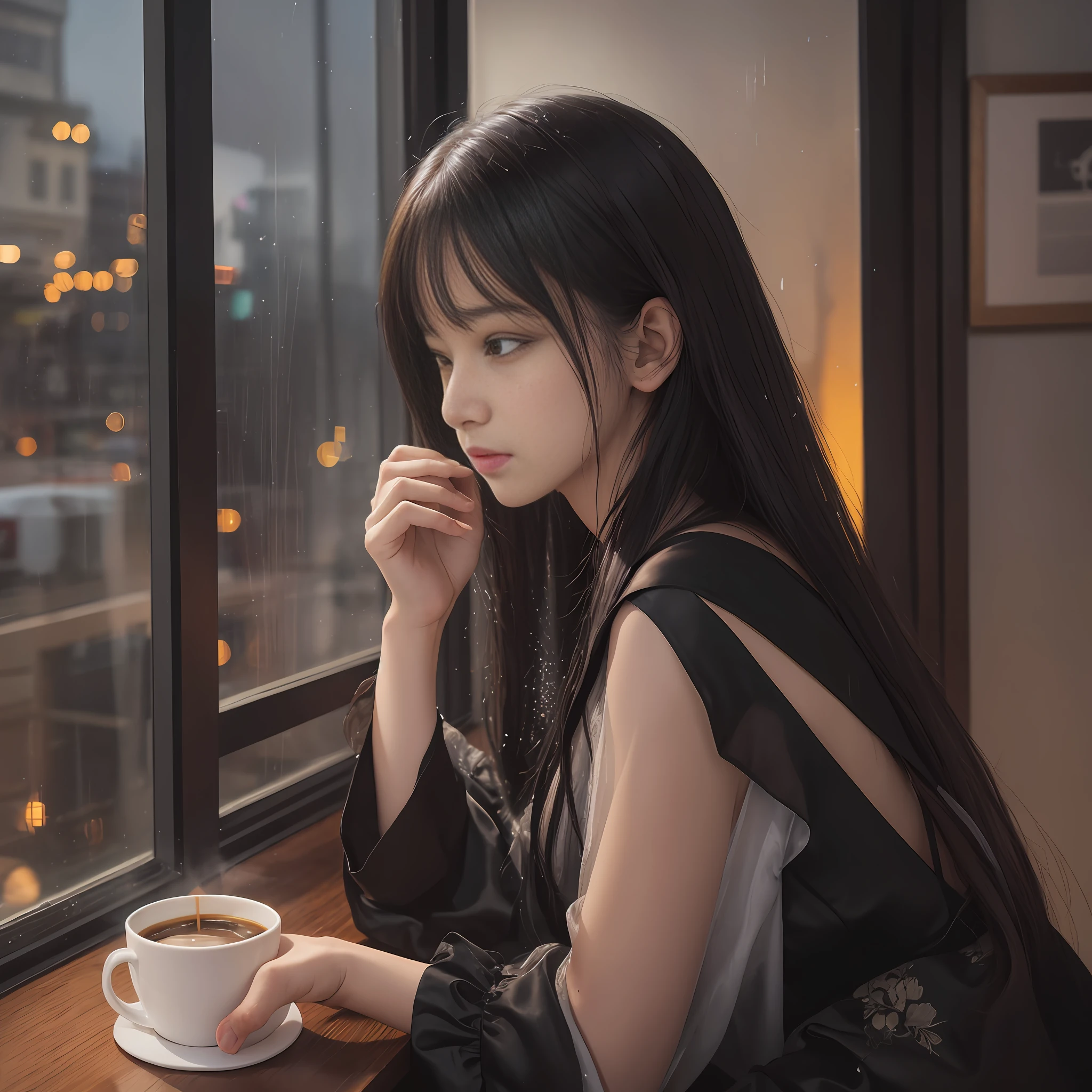Royal sister black silk evening sunset window coffee rain melancholy --auto --s2
