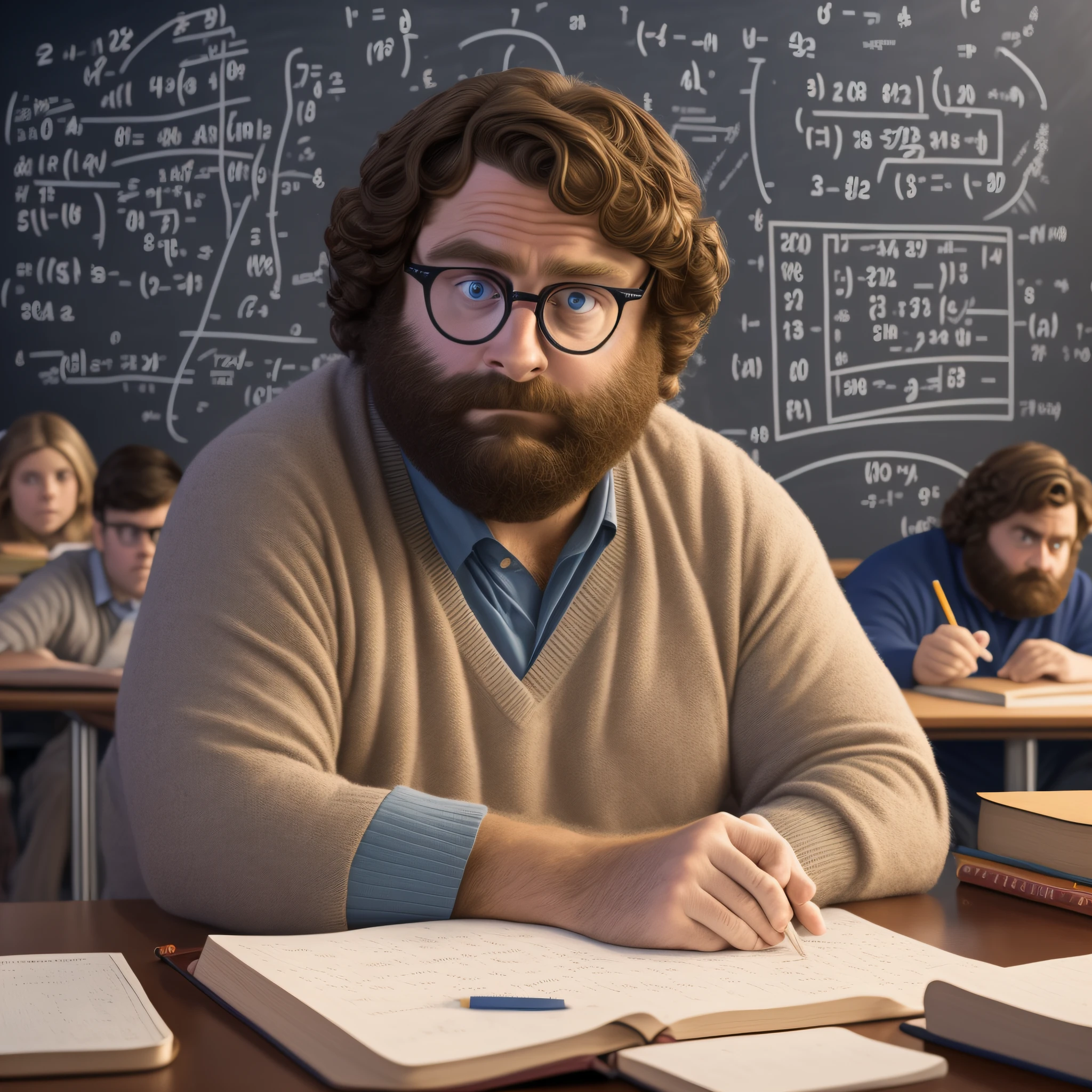 "masterpiece, best quality, ultra-detailed portrait of Zach Galifianakis, in a math classroom, as a teacher, wearing glasses and a sweater, chalk board, books, mathematical equations in the background, high saturation, dark shadows, bright illumination, dynamic angle, with a hint of humor".