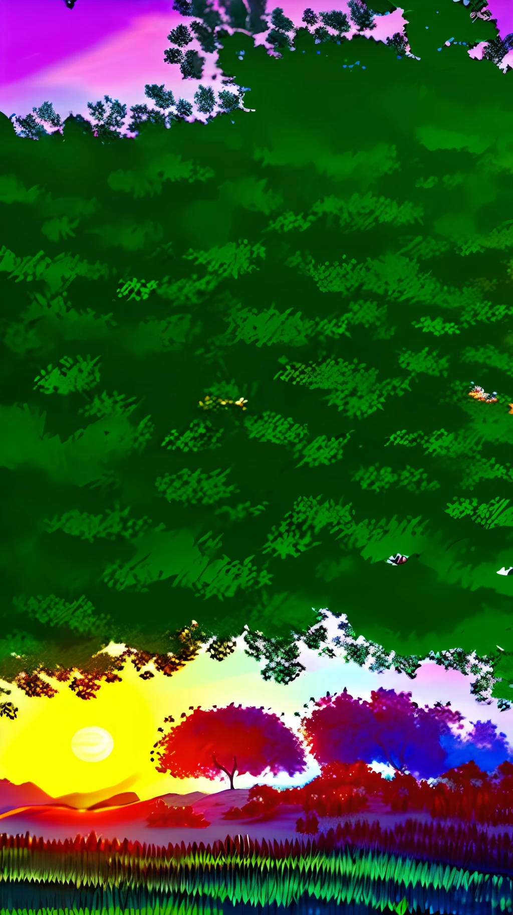 Enhancing the quality, create a realistic scene with araucarias on a plateau, green fields, with an incredible sunset, using 20x9 widescreen.