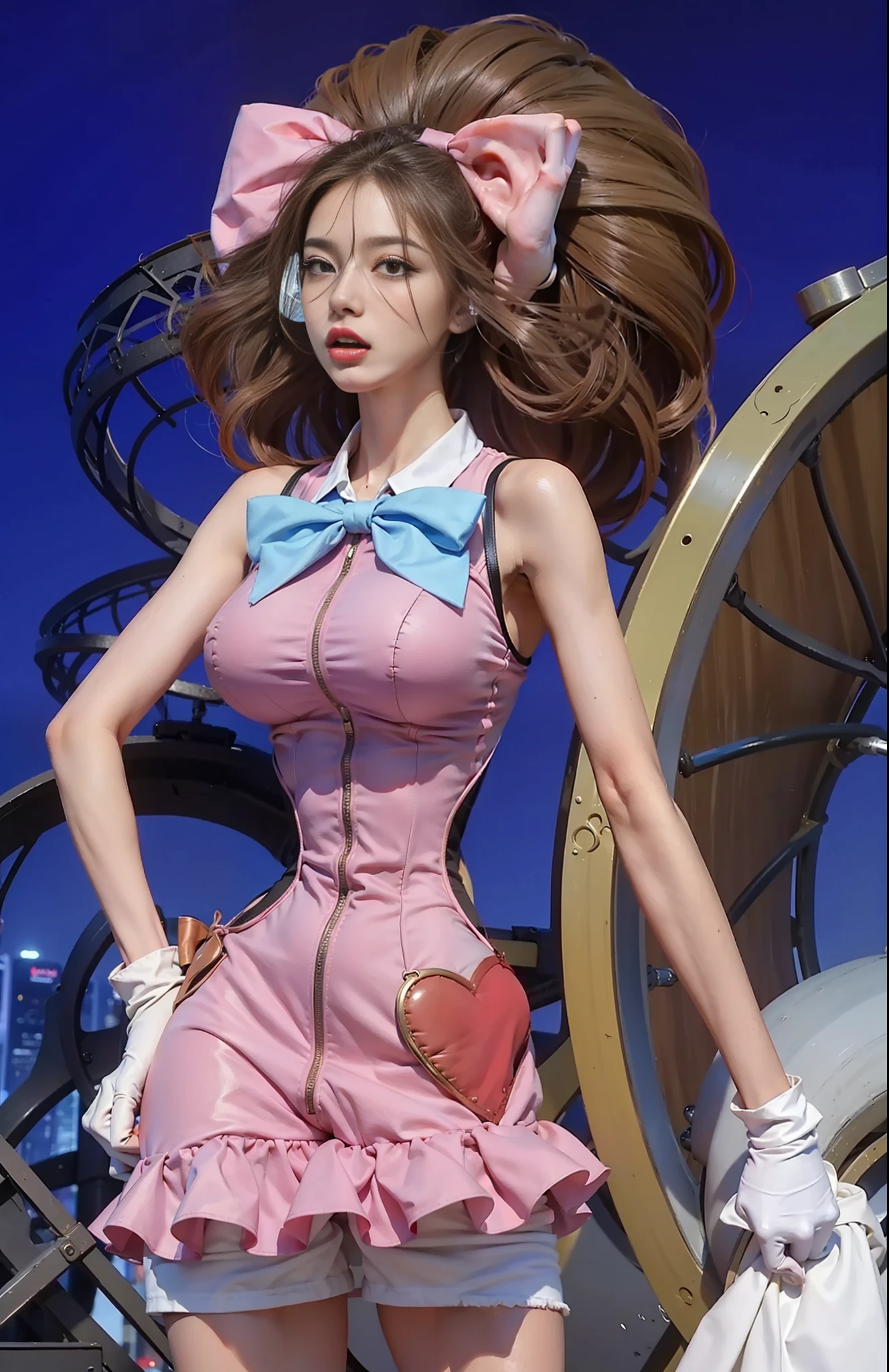 (female:1.2) (bodybuilder:0.8), masterpiece, photorealistic, 1girl, large breasts, brown hair, frizzy hair, white gloves, open mouth