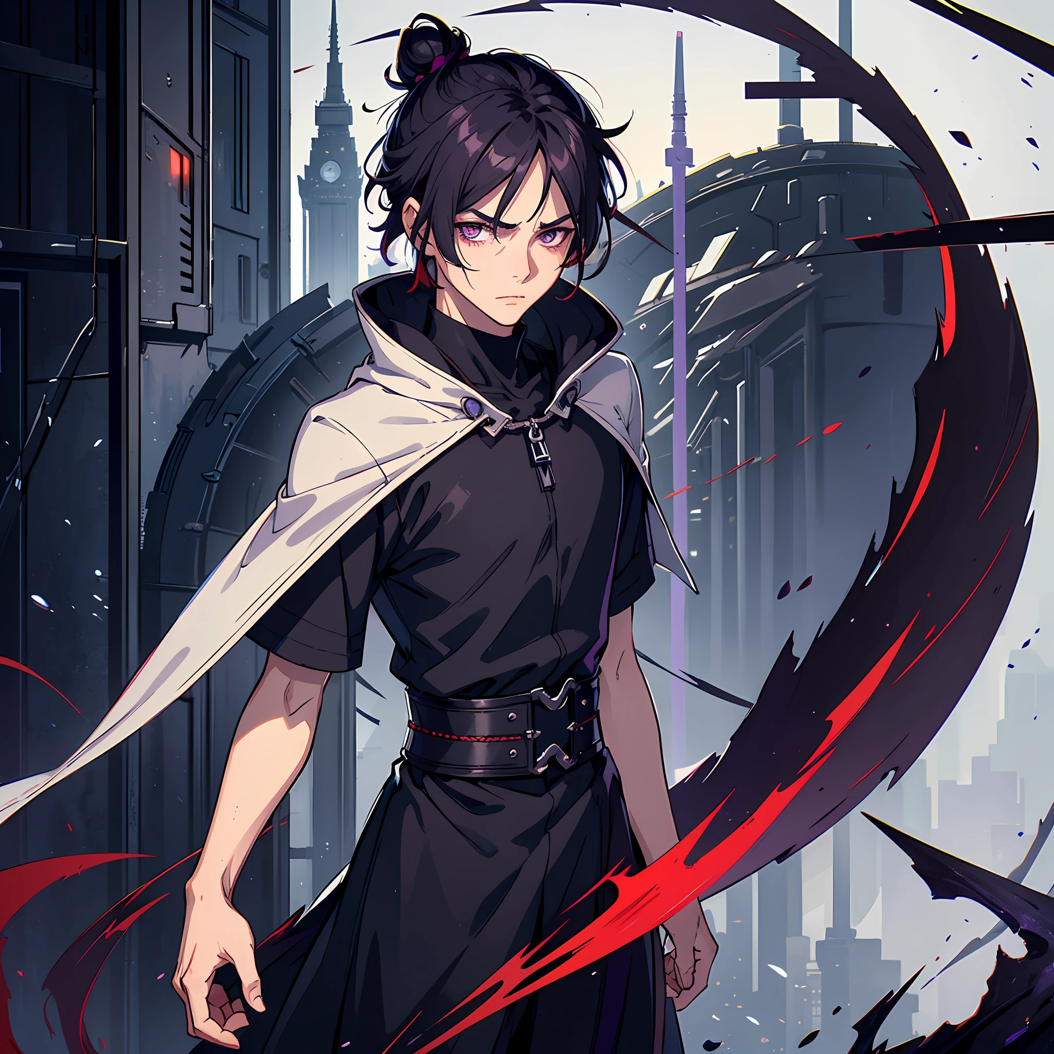 Boy, apathy, depression, blank stare, dark atmosphere, waist-length, half a turn, short hair, emptiness in the eyes, grayness, aloofness, purple lock of hair, bun on the head, No glare in the eyes, short hair, fantasy, anime, man, no smile, red eyeliner, masculine features