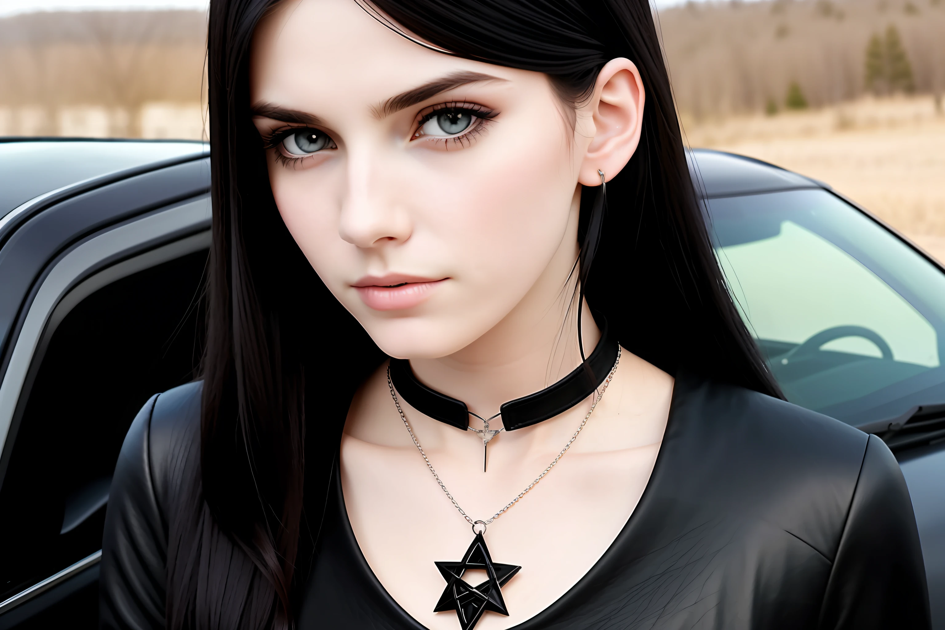 20 year old woman, delicate face, leather dress, pale skin, long straight black hair, emo, serious expression, American, necklace with pentagram, with a car, medium breasts