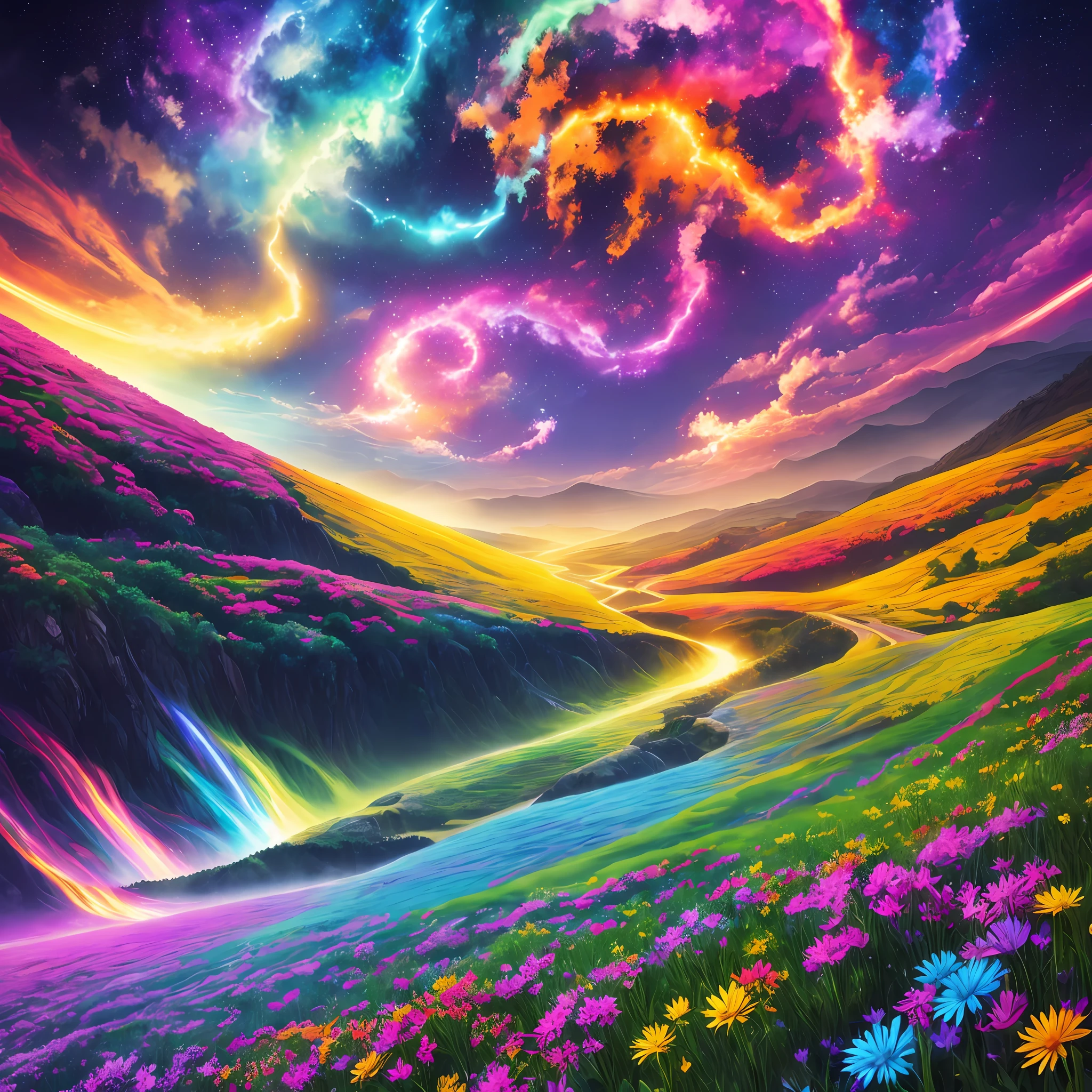 colorful, realistic, intricately detailed, panoramic nature scene depicting super-energy with a magical aura of light and power --ar 16:9 --v 5 --q 2 --s 750 --auto --s2