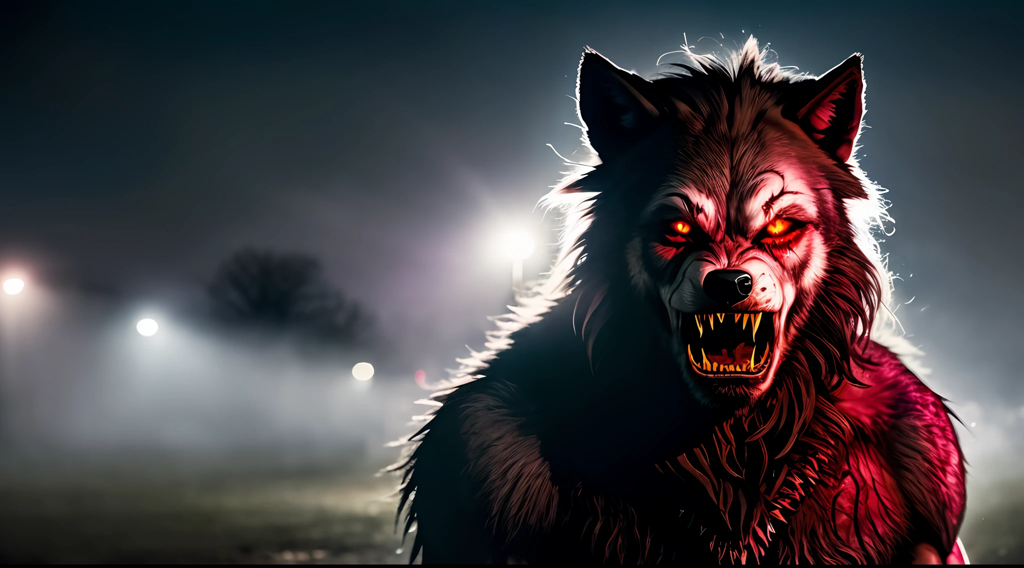 professional photograph of a bloodied werewolf from the front stay in a ground at night. soft lights. bokeh. cinematic. hq. detailed. contrast.