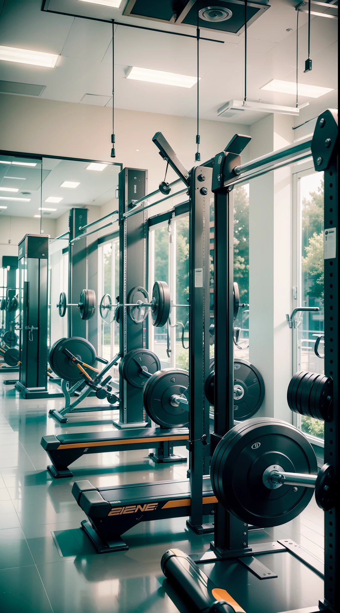 Description of a modern gym:
Step into a state-of-the-art fitness center, where lively music and the sound of clashing weights create a motivating atmosphere. The walls are lined with mirrors that reflect the vibrant energy of the trainers and gym members. The space is filled with state-of-the-art equipment, from treadmills and elliptical trainers to weight machines and exercise benches. The air fills with a faint scent of cleanliness and sweat, as professional trainers monitor and guide users toward their fitness goals.