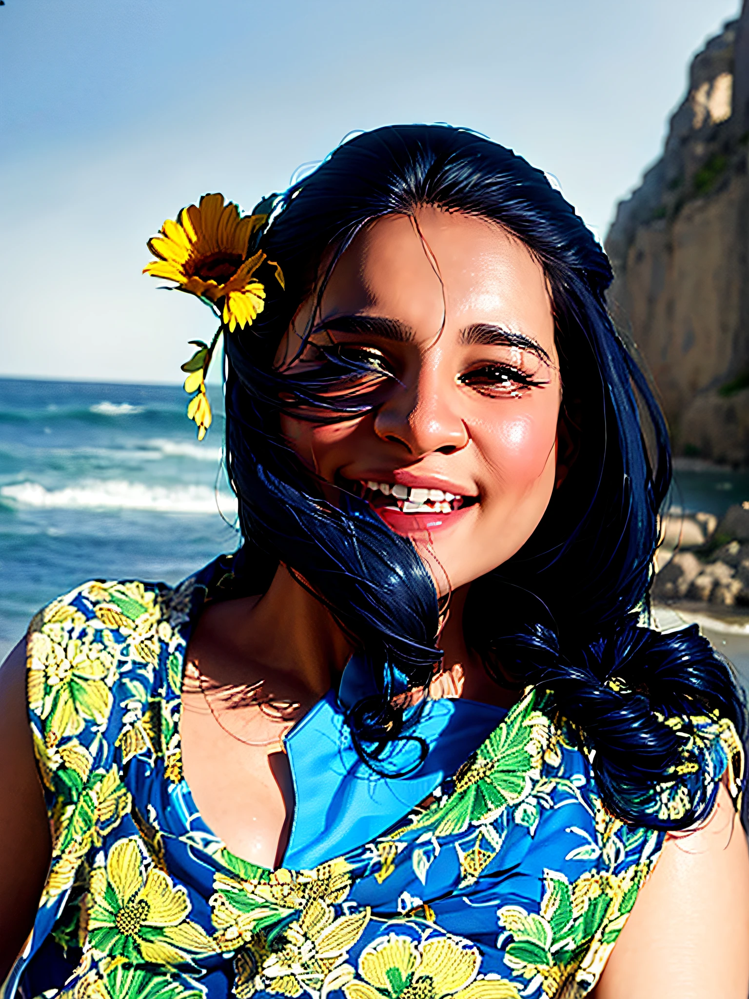 Smiling woman with a flower in hair, mami wata, profile picture, realistic anime