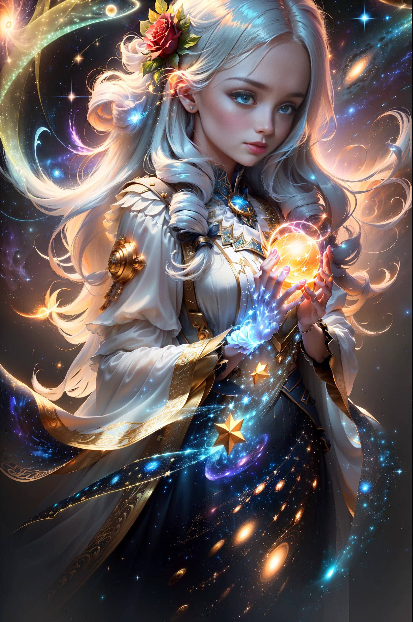 Masterpiece, best quality, (very detailed CG unity 8k wallpaper), (best quality), (best illustration), (best shadows), cosmic theme with natural elements. Circle, surrounded by planetary orbits and turbulence, with fireflies and glowing particle effects, (natural elements), (cosmic theme), (stars), (milky way), (stars), void, (delicate celestial bodies), (luminous), (particle effects). , Isometric 3D, Octane Rendering, Ray Tracing, Super Detailed (extremely detailed CG Unity 8k wallpaper, masterpiece, high quality, super detailed), 1girl (charming girl, clothes made of star tassels, gorgeous, and charming red roses), (dynamic view, dazzling eyes, Long silver hair: 1.3, exquisite collection,) surrounded by arcane runes, (background of magic and mystery, firefly lights, glowing particles, ethereal mist and darkness), high saturation