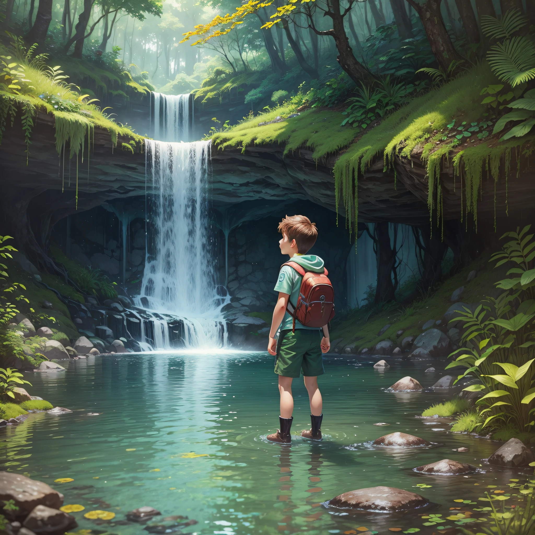 adventurous boy looking at crystal clear water waterfall with forest and ferns detailed ultra realistic --auto --s2