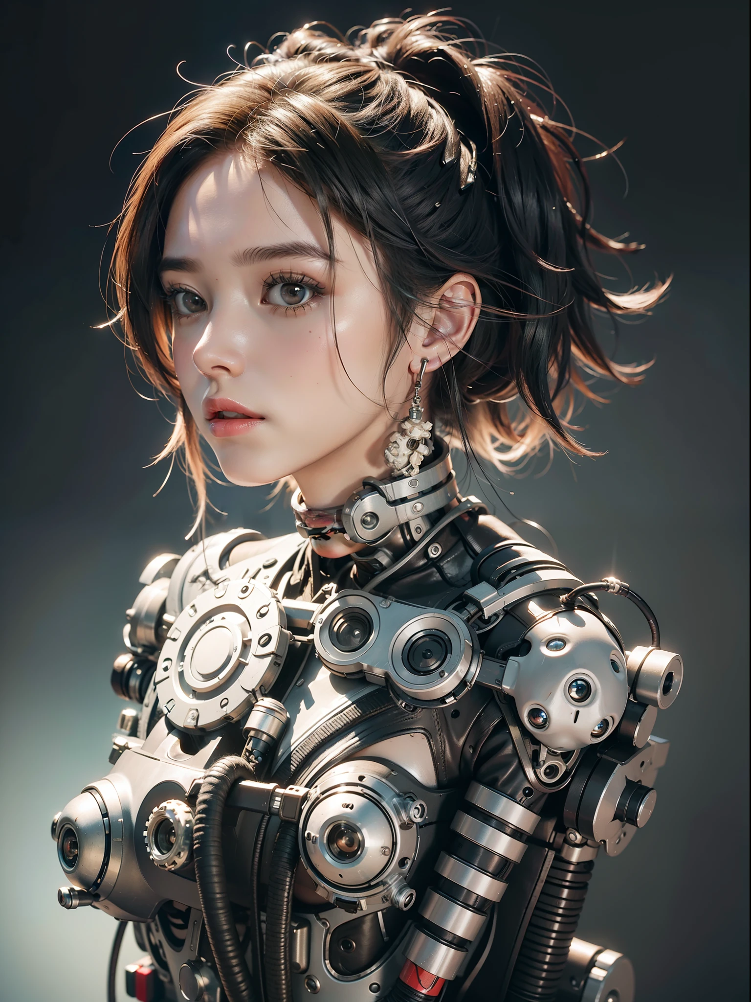 A cute mechanical cyberpunk Battle Angel Alita, mechanical limbs and body, blood vessels connected to tubes,mechanical vertebra attaching to back, mechanical cervical attaching to neck, wires and cables connecting to head, realistic details, shadows, octane render, 8k, ultra hyperdetailed, highly intricate details, realistic light, trending on cgsociety, big eyes, neon details, depth of field f/2.8