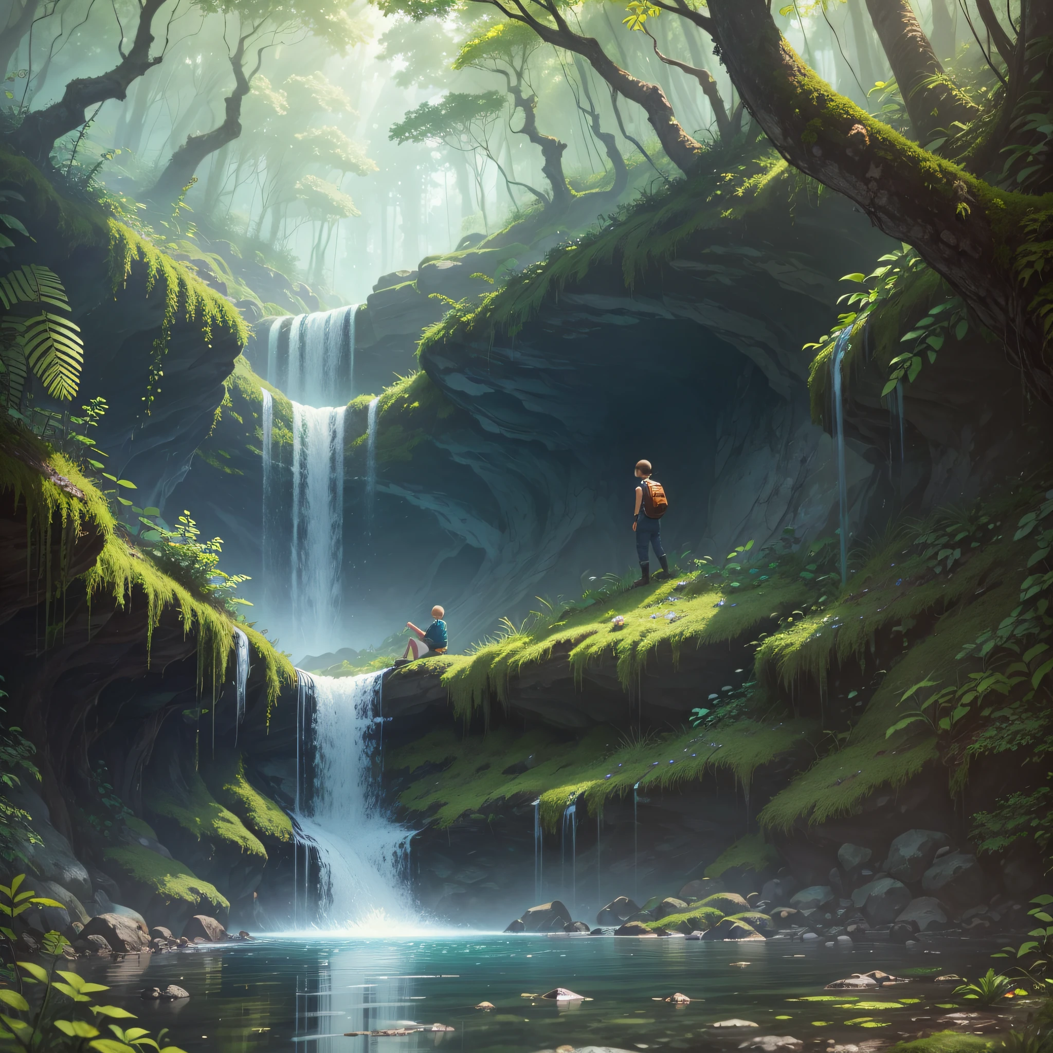 adventurous boy looking at crystal clear water waterfall with forest and ferns detailed ultra realistic --auto --s2