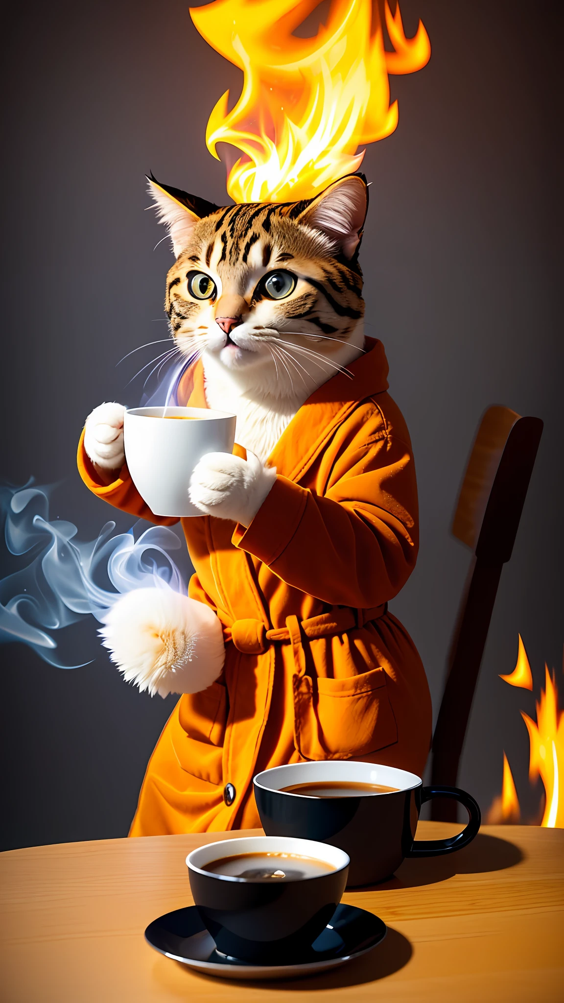 (anthropomorphic cat:1.3) holding a cup of coffee, sitting, in a bathrobe, eating breakfast and holding a cup of coffee, hat, particles, volumetric lighting, room burning, floor and chair on fire, many gadgets and equipment, equipment are on fire, smoke, flames around,