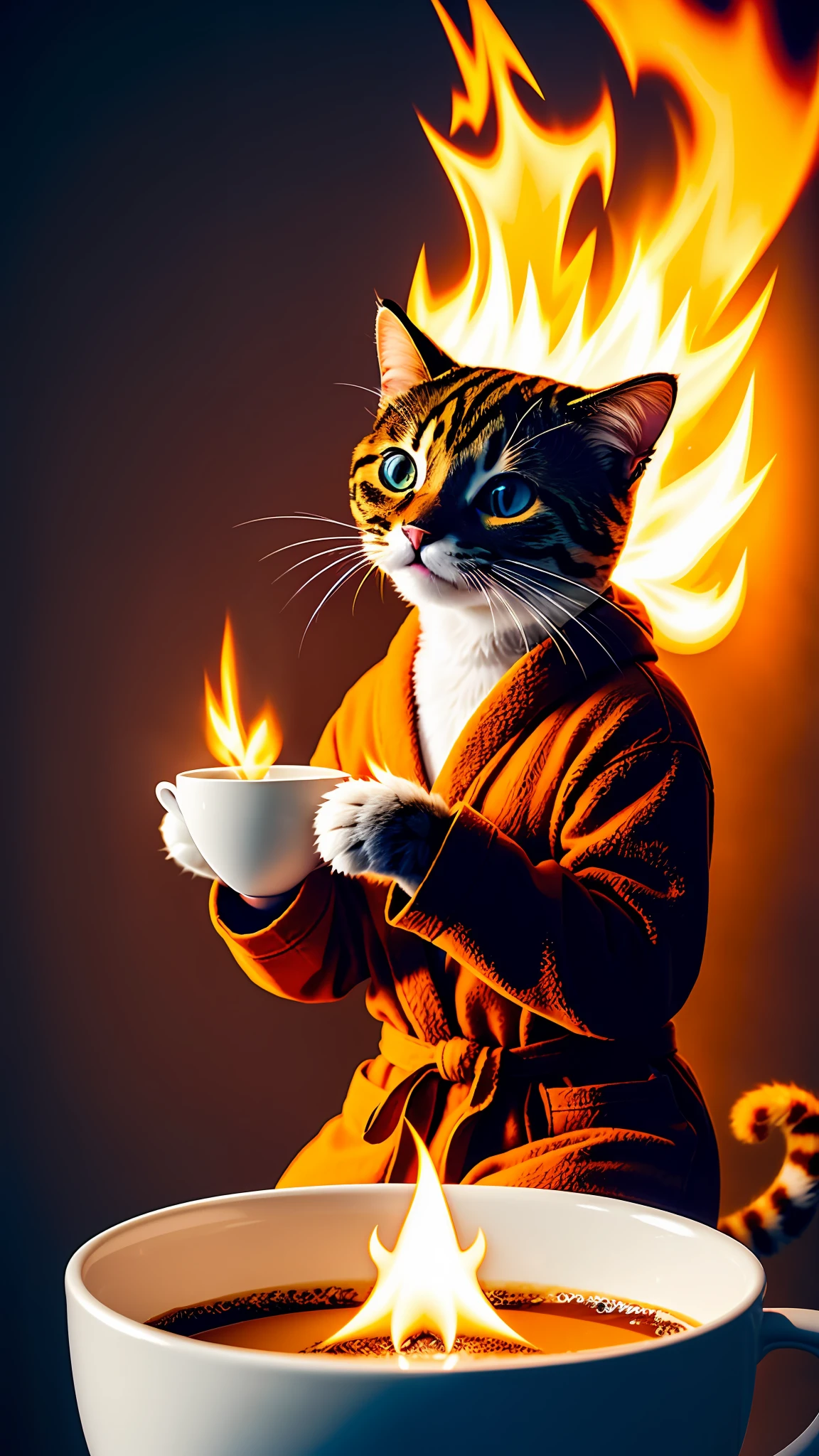 (anthropomorphic cat:1.3) holding a cup of coffee, sitting, in a bathrobe, eating breakfast and holding a cup of coffee, hat, particles, volumetric lighting, room burning, floor and chair on fire, many gadgets and equipment, equipment are on fire, smoke, flames around,