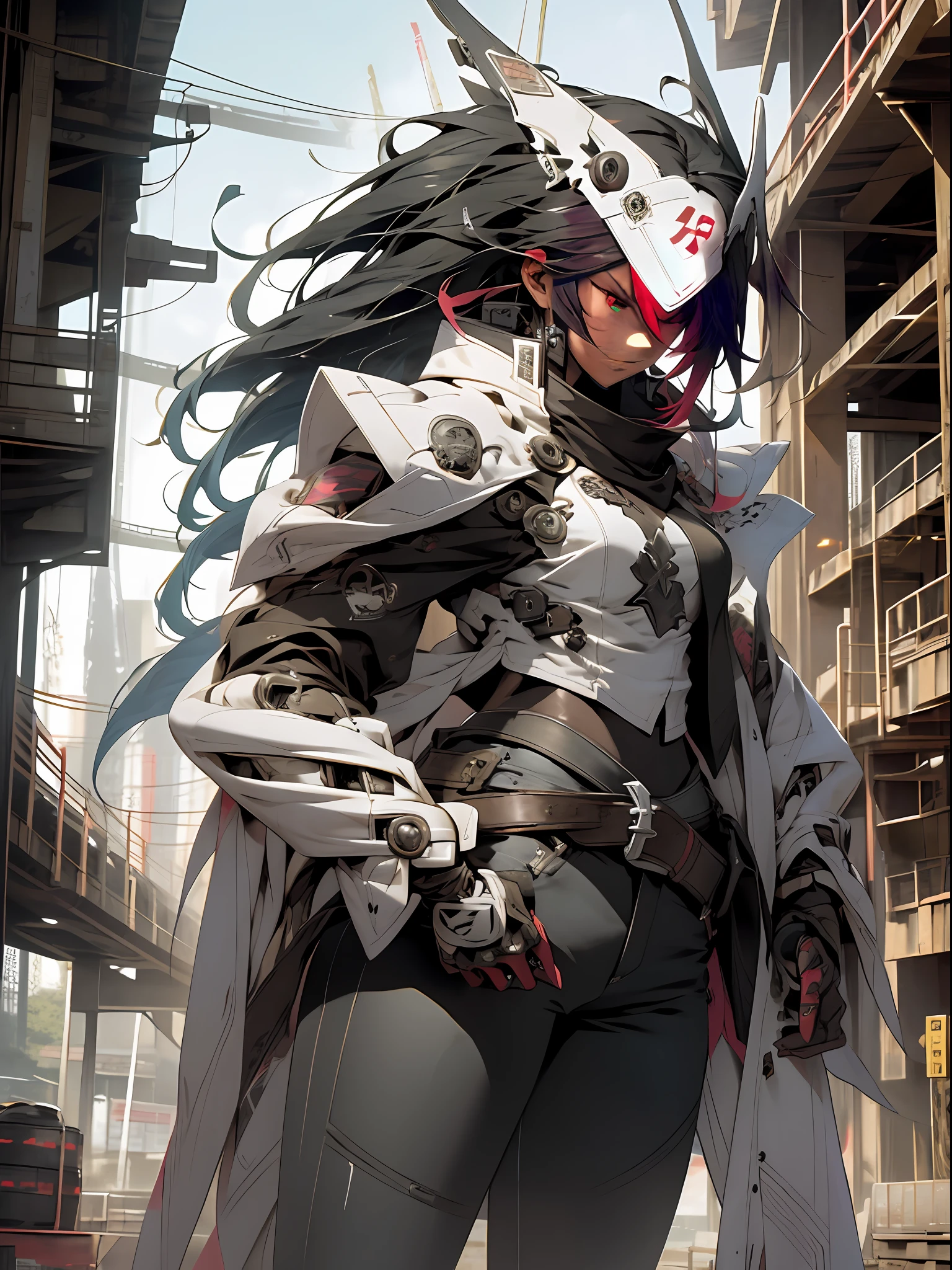ultra furious futuristic warrior in movement effect and mind-blowing focus, arms with technological coverage in circular details super defined and ultra embossed details in tattoo style in the colors red, white, black in gradient style, steel rods on the back, jeans with tribal tattoo print, long black hair, perfect body and large breasts, stark pose preparing for battle, ultra colorful destroyed scenery, text, Japanese graffiti letters, perfect GUILTY GEAR -STRIVE style