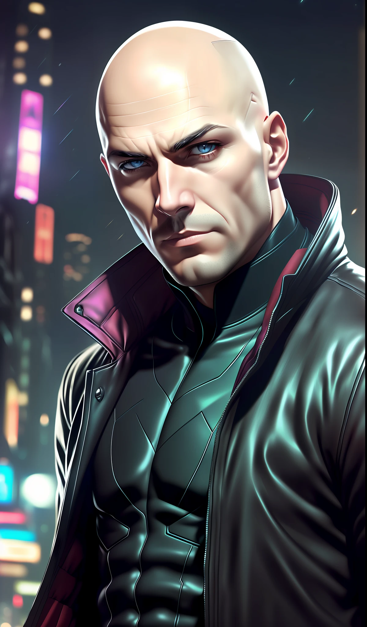 bald man 27 years old, dark eyes well defined, hitman he is bald, Artgerm style walking on the street, starry sky showing full body in all its elegance Blade Runner Cyberpunk atmosphere, hyper-realistic, insanely detailed