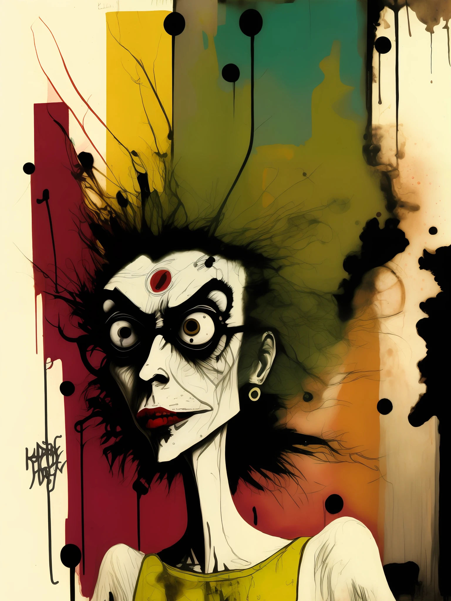 a portrait of a two faced supermodel, obscure caricature, by Ralph Steadman, Dr. Suess, Jenny Saville, Kandinsky, doodle, sketch, third eye, surrealism abstraction, psychedelic