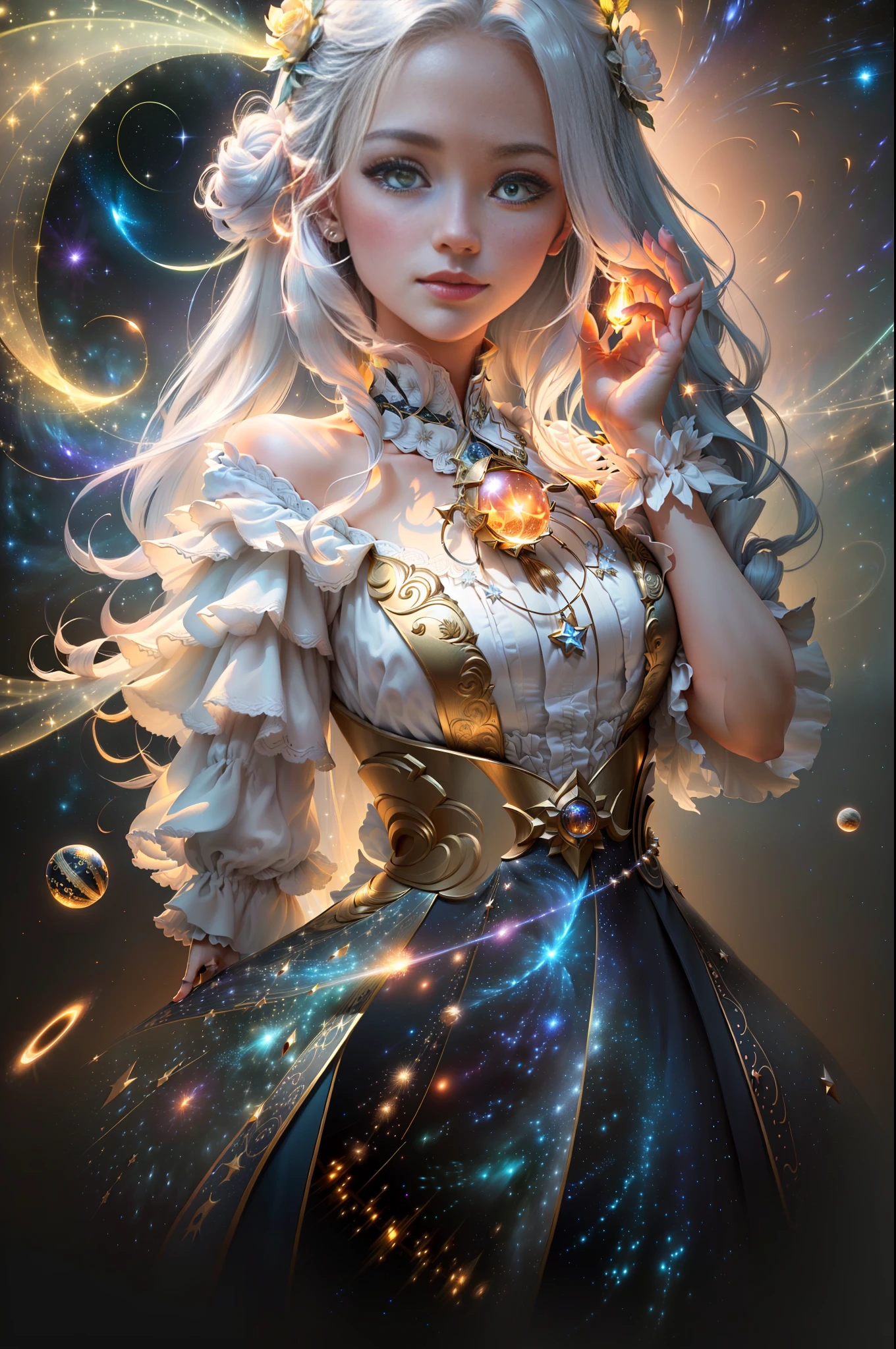 Masterpiece, best quality, (very detailed CG unity 8k wallpaper), (best quality), (best illustration), (best shadows), cosmic theme with natural elements. Circle, surrounded by planetary orbits and turbulence, with fireflies and glowing particle effects, (natural elements), (cosmic theme), (stars), (milky way), (stars), void, (delicate celestial bodies), (luminous), (particle effects). , Isometric 3D, Octane Rendering, Ray Tracing, Super Detailed (extremely detailed CG Unity 8k wallpaper, masterpiece, high quality, super detailed), 1girl (charming girl, clothes made of star tassels, gorgeous, and charming red roses), (dynamic view, dazzling eyes, Long silver hair: 1.3, exquisite collection,) surrounded by arcane runes, (background of magic and mystery, firefly lights, glowing particles, ethereal mist and darkness), high saturation