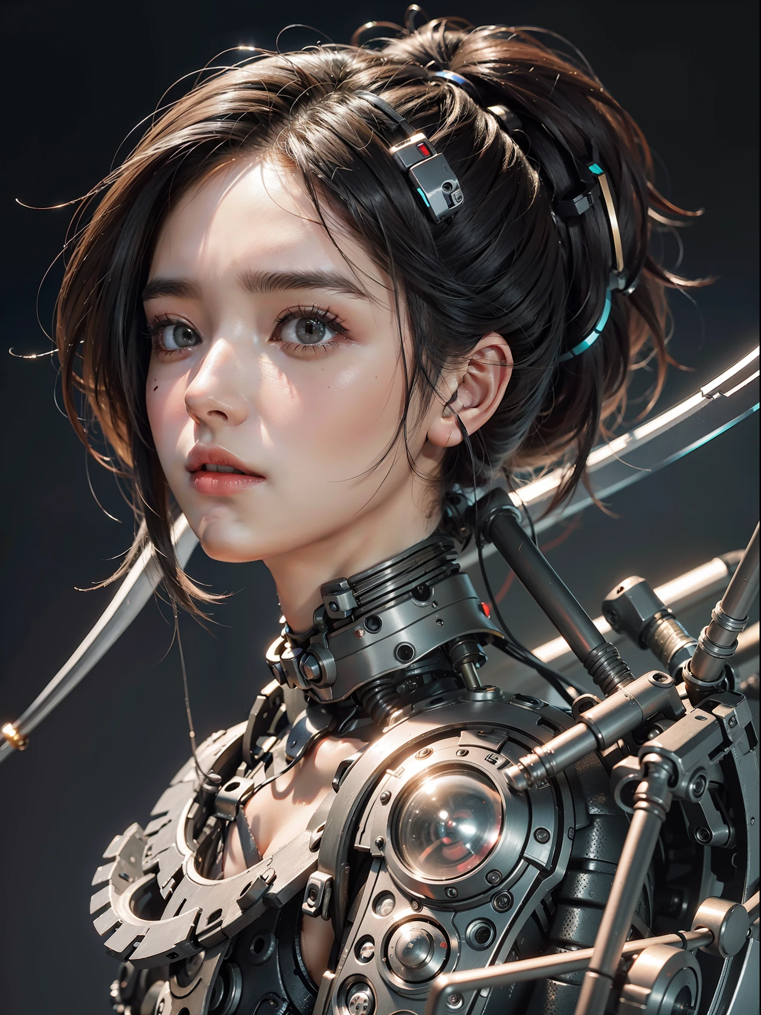 A cute mechanical cyberpunk Battle Angel Alita, mechanical limbs and body, blood vessels connected to tubes,mechanical vertebra attaching to back, mechanical cervical attaching to neck, wires and cables connecting to head, realistic details, shadows, octane render, 8k, ultra hyperdetailed, highly intricate details, realistic light, trending on cgsociety, big eyes, neon details, depth of field f/2.8
