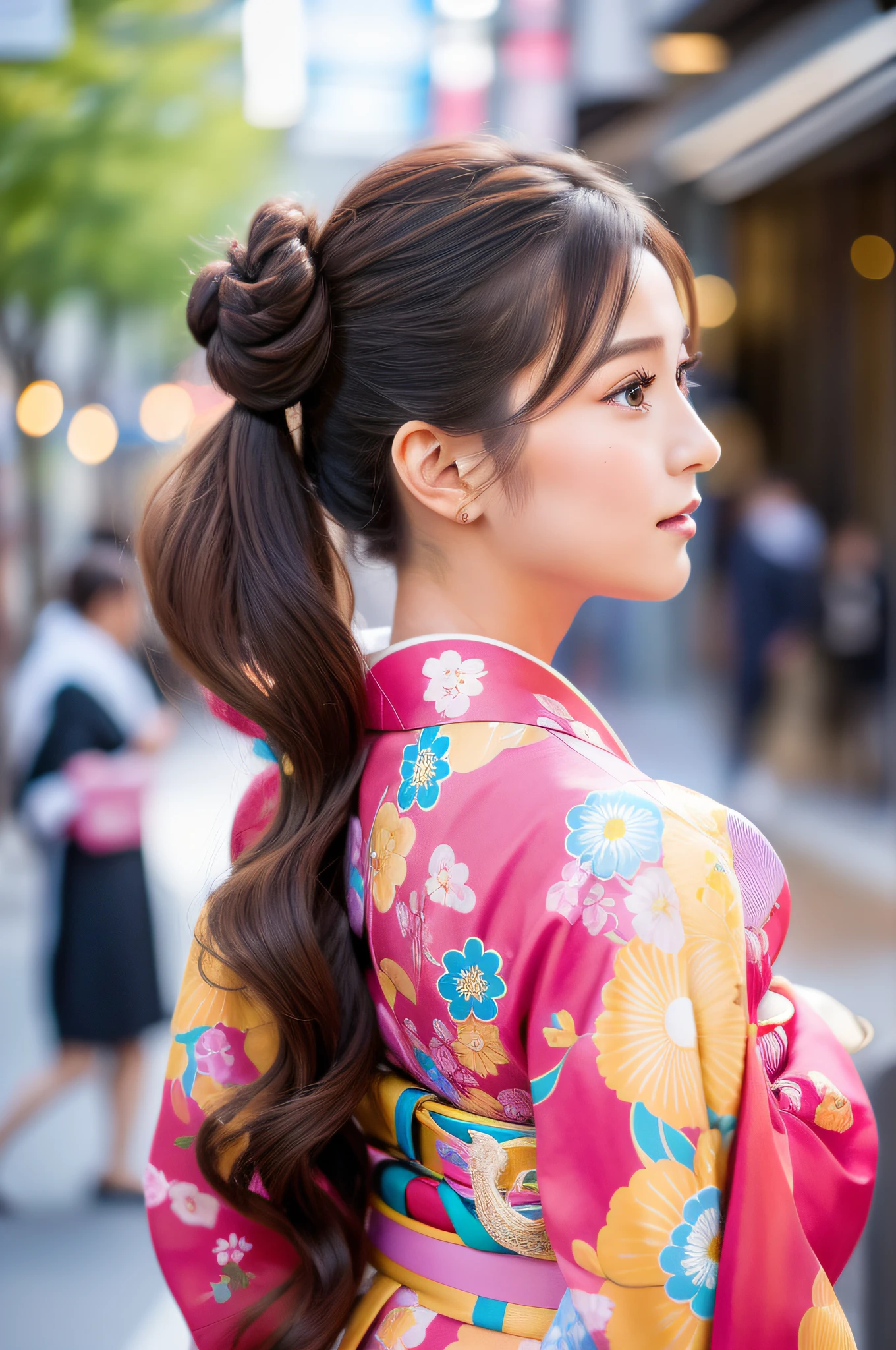 A beautiful girl with lustrous hair in a chignon. She is walking down the street in a beautiful and colorful kimono, showing the nape of her neck. Composition taken from the back, where the nape of her neck is beautifully visible. Luminous light style, Nikon L35af, incredibly beautiful, youthful, romantic, cranberry core, photography, raw photos, top quality