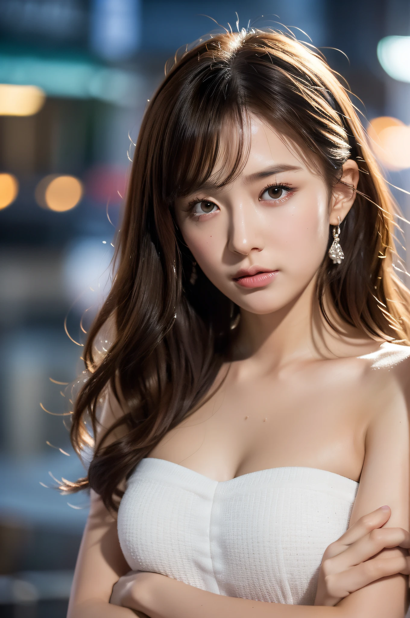 Pose with arms crossed behind the head, mix4, (8K, RAW photo, highest quality, masterpiece: 1.2), (realistic, photorealistic: 1.37), 1 girl, cute, cityscape, night, rain, wet, professional lighting, photon mapping, radiosity, physically based rendering, gradient brunette hair, short curly, handsome, girly, white ball set, Excellent image quality, high resolution, 1080p, (clear face), (detailed facial description), (detailed hand description), (masterpiece), (exquisite CG), extreme light and shadow, disheveled hair, masterpiece, rich detail, (exquisite facial features), (best image quality), (masterpiece), (eye for details), looking forward to the eyes, delicate collarbone