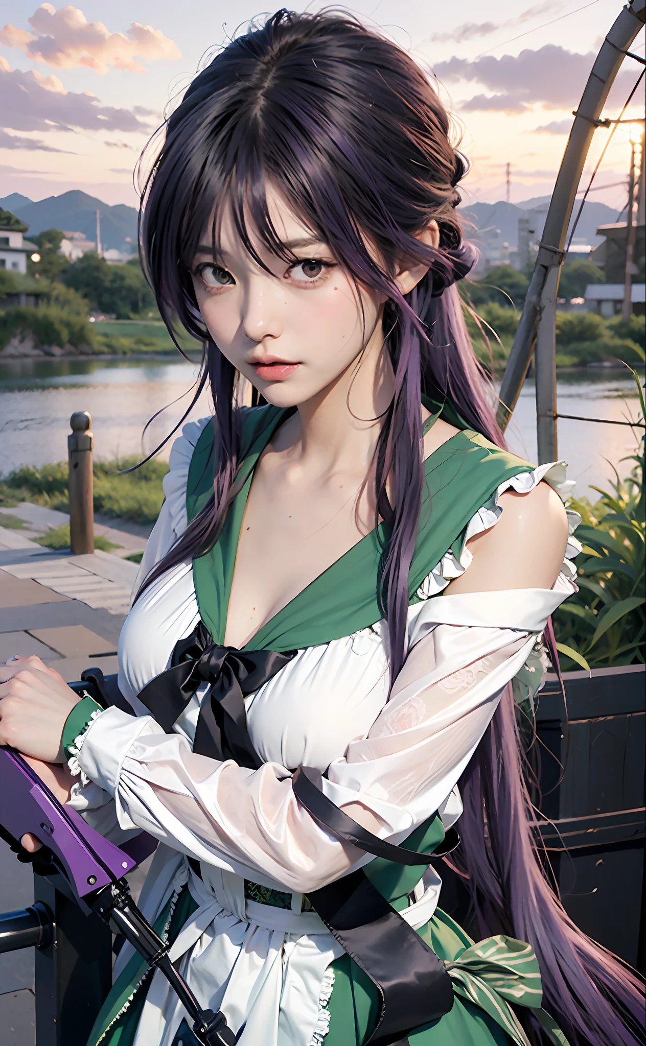 anime girl with purple hair and a green and white dress, ikki tousen, rei hiroe black lagoon manga, black lagoon manga, misato katsuragi, reisen udongein inaba, by Jin Homura, masterpiece goddess of sorrow, gapmoe yandere grimdark, light novel cover art, iwakura lain