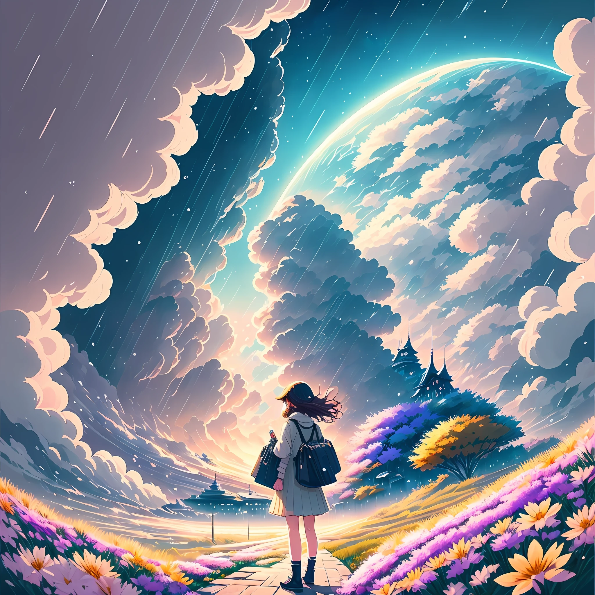 hyper detailed makato shinkai anime art style landscape covered with clouds “a girl holding wearing a bag and standing in” “astral”, “dreamy”, “elegant”, “epic””the resonance of my dreams”, “the shore of the galaxy”, “the birth of time "makato shinkai" 4K sunny and foggy "raining" smooth wide shot blooming; in bloom "in action" --auto --s2
