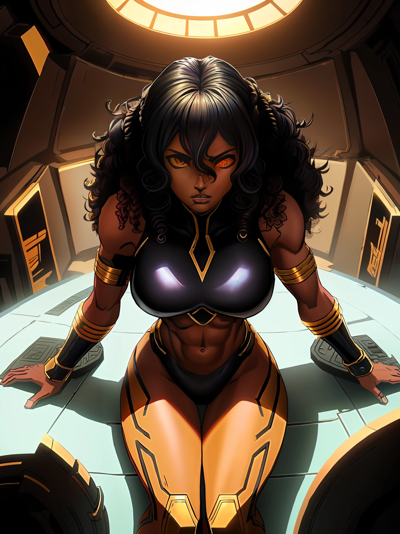 high quality shaded illustration, Comics style drawing, best quality, high resolution, 8k wallpaper, extremely detailed, ((a beautiful 25-year-old black woman, black skin, athletic body, showing belly, beautiful face, symmetrical eyes, curly hair tied up)), ((sci-fi, sitting piloting a spaceship)), serious look, showing teeth, dynamic pose, cinematic lighting, dramatic lighting,  artstation, digital painting, sharp focus, golden proportion, well drawn, comic book style, colored line drawing