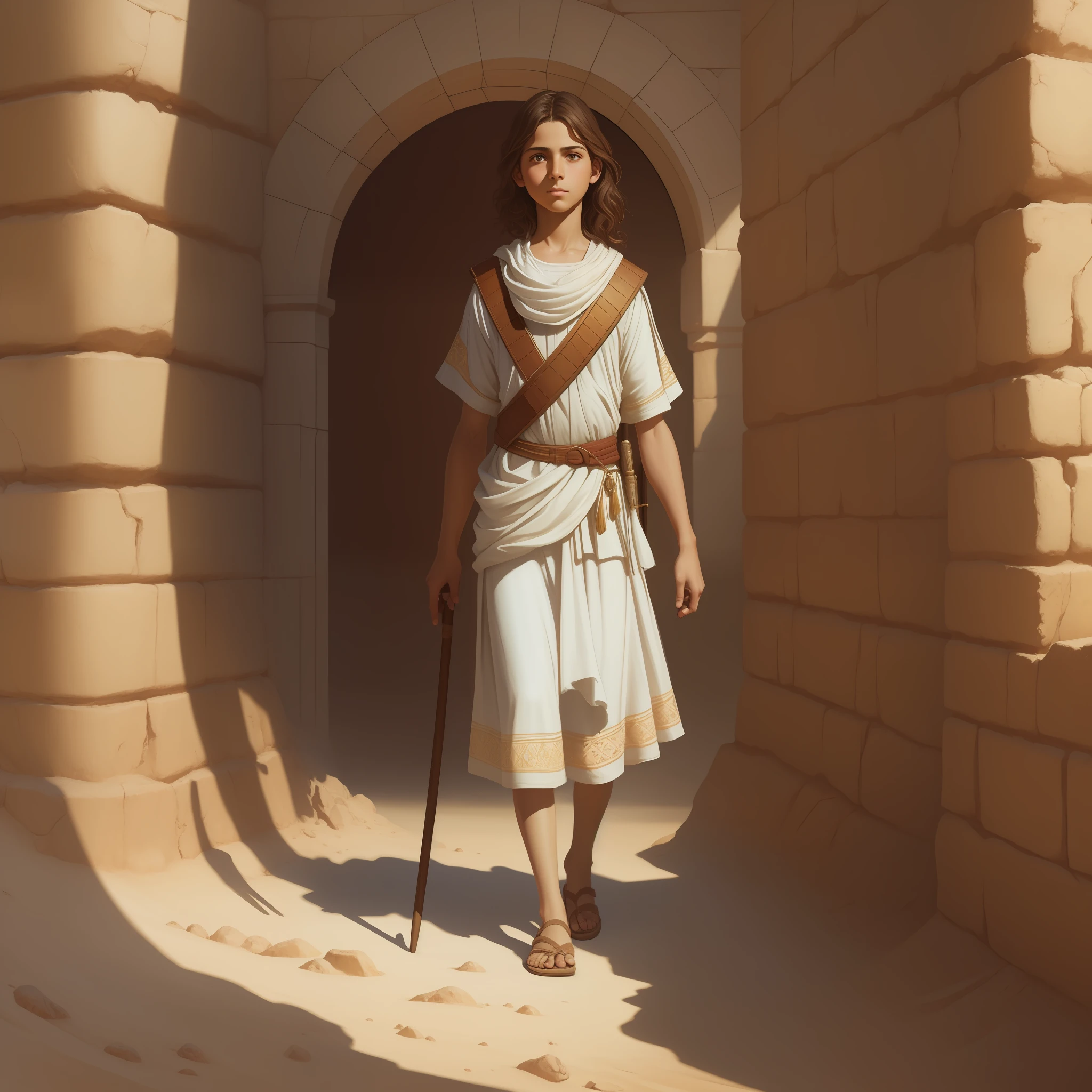 A beautiful ultra-thin realistic portrait of Jesus, 11 year old Jewish child, short brown hair, wearing white tunic, holding a staff, in front view,walking over the desert, full body, biblical, realistic, intricate details, by Abbott Fuller Graves, Bartolome Esteban Murillo, Jc Leyendecker, Craig Mullins, Peter Paul Rubens, (Caravaggio), Trend in Artstation, 8K, Concept Art, PhotoRealistic, Realistic,  Illustration, Oil Painting, Surrealism, HyperRealistic, brush brushes, Digital art, style, watercolor