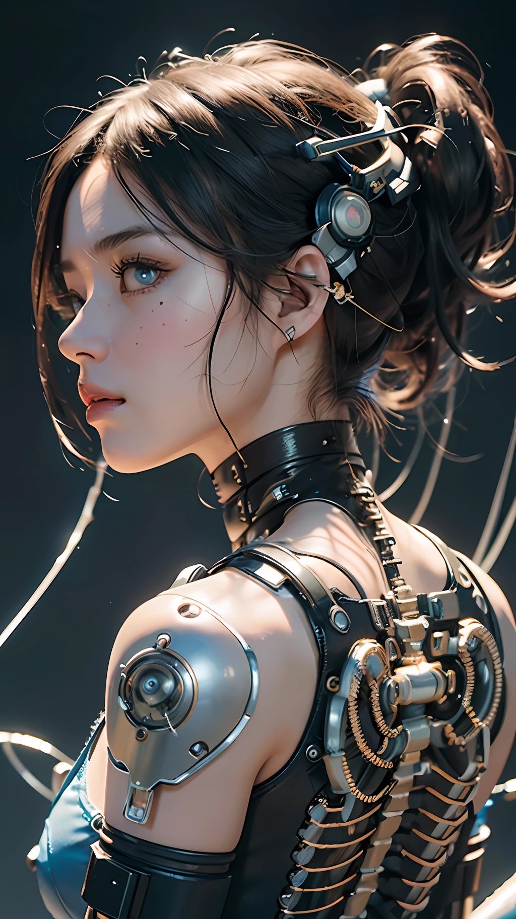 A cute mechanical cyberpunk Battle Angel Alita, translucent lacework mechanical limbs and body, blood vessels connected to tubes,mechanical vertebra attaching to back, mechanical cervical attaching to neck, wires and cables connecting to head, realistic details, shadows, octane render, 8k, ultra hyperdetailed, highly intricate details, realistic light, trending on cgsociety, big eyes, neon details, depth of field f/2.8