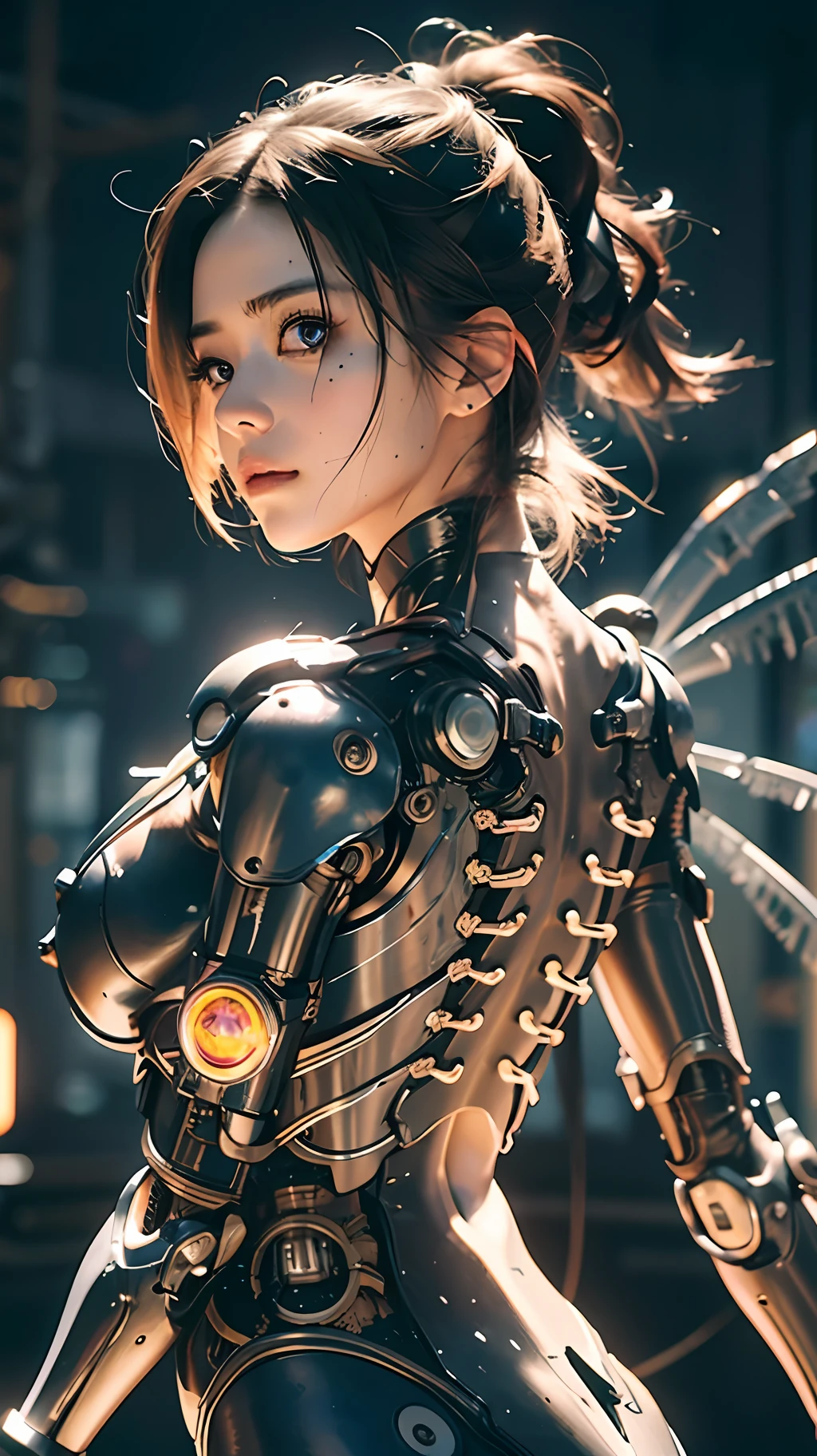 A cute mechanical cyberpunk Battle Angel Alita, translucent lacework mechanical limbs and body, blood vessels connected to tubes,mechanical vertebra attaching to back, mechanical cervical attaching to neck, wires and cables connecting to head, realistic details, shadows, octane render, 8k, ultra hyperdetailed, highly intricate details, realistic light, trending on cgsociety, big eyes, neon details, depth of field f/2.8