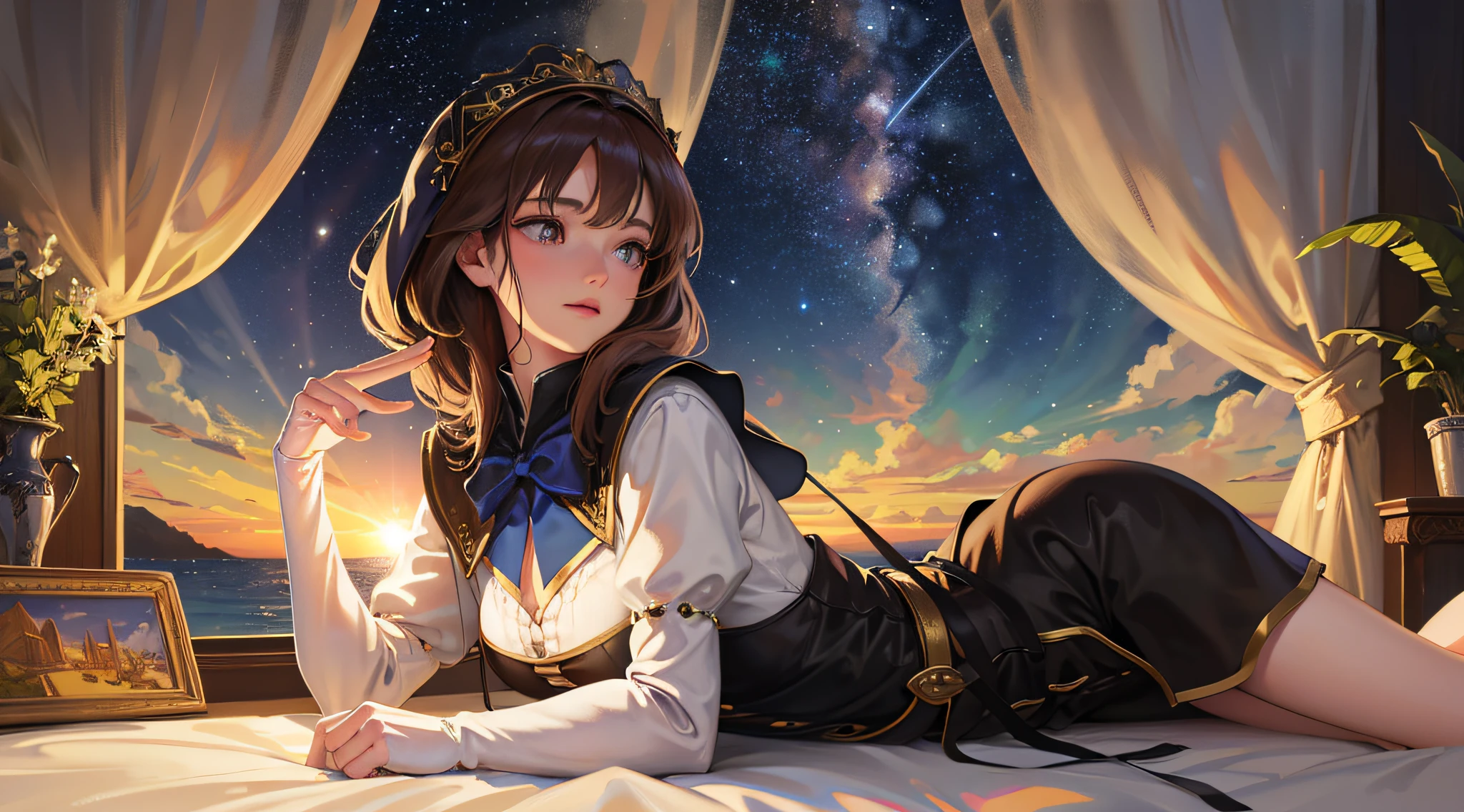 Scene description: At night, lie quietly on the beach and enjoy the beautiful and spectacular view of the starry sky. In the deep and romantic night, there are shooting stars that constantly shine and fly through the sky. Modifiers: Soft and warm and touching, extremely realistic and vivid and detailed, presenting fantasy and mystery. Artist or style inspiration: Renaissance artist Raphael Sanzio Technical specifications: 8K resolution --auto --s2