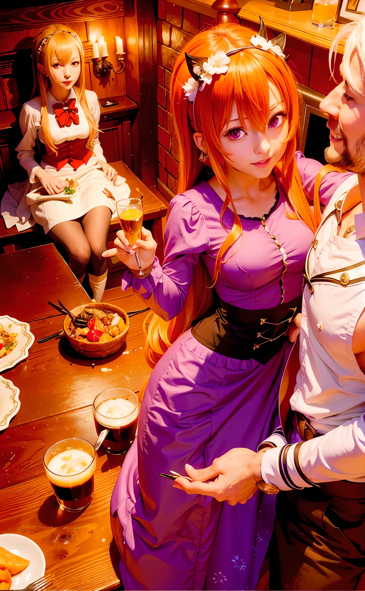 Spice and Wolf anime characters in a restaurant with a woman holding a glass of beer with her ear-looking, ear-and-tail-like right hand with white tip, sly smile, Umineko, highly detailed exquisite fanart, in a medieval tavern at night, restaurant!, highly detailed official art, restaurant!!, ultra-detailed color art, in the fantasy tavern near the fireplace, epic light novel cover, tavern background, Overly detailed art, (waitress) girl, pixiv, waitress with beautiful face d