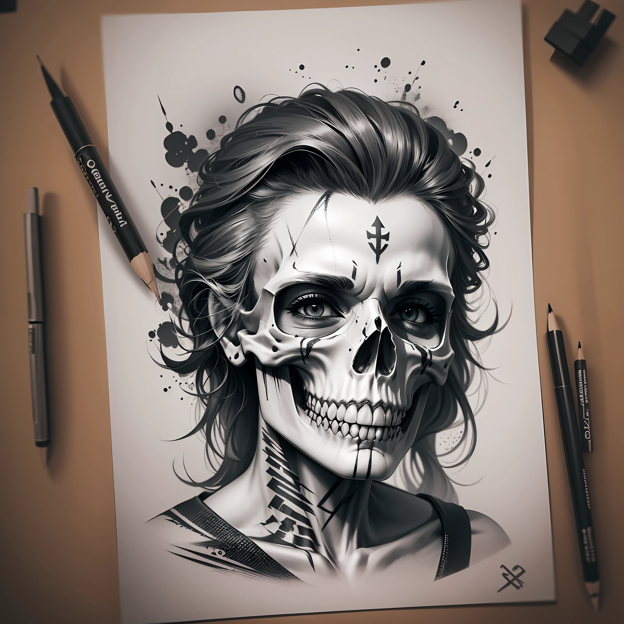 Pencil tattoo design. Skull in black and white background png --auto --s2