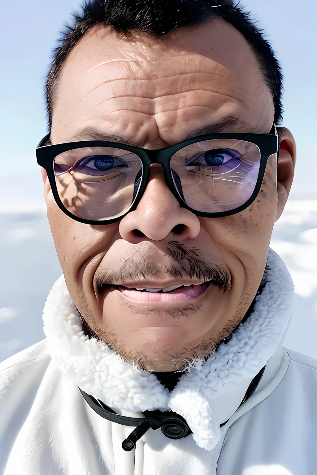 GuttonerdVision3, a 50-year-old man wearing glasses, a sharp and detailed face and skin, wearing Eskimo clothing in the snow of the North Pole