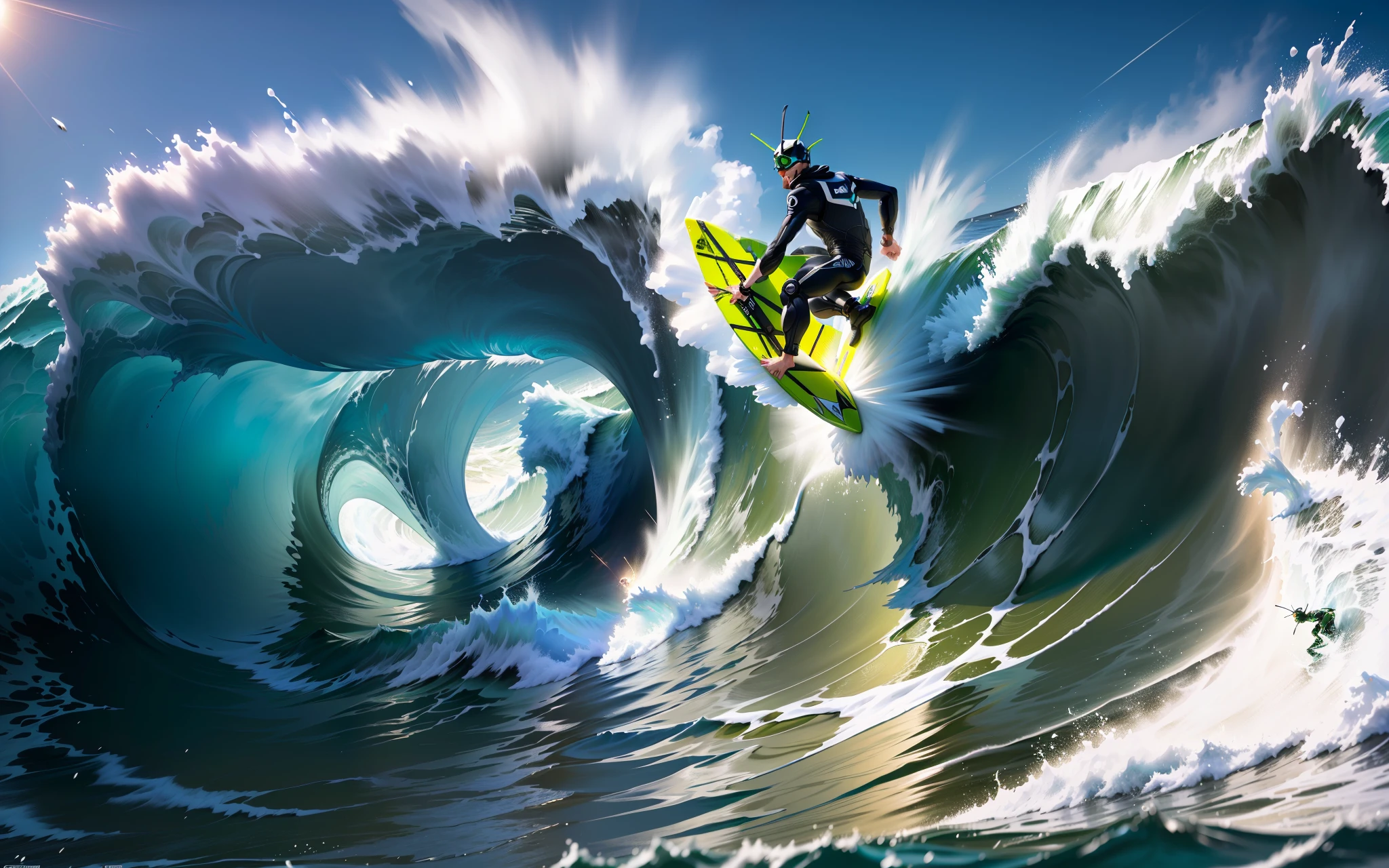 A grasshopper surfing a big wave, cowabunga, action shooting, closeup