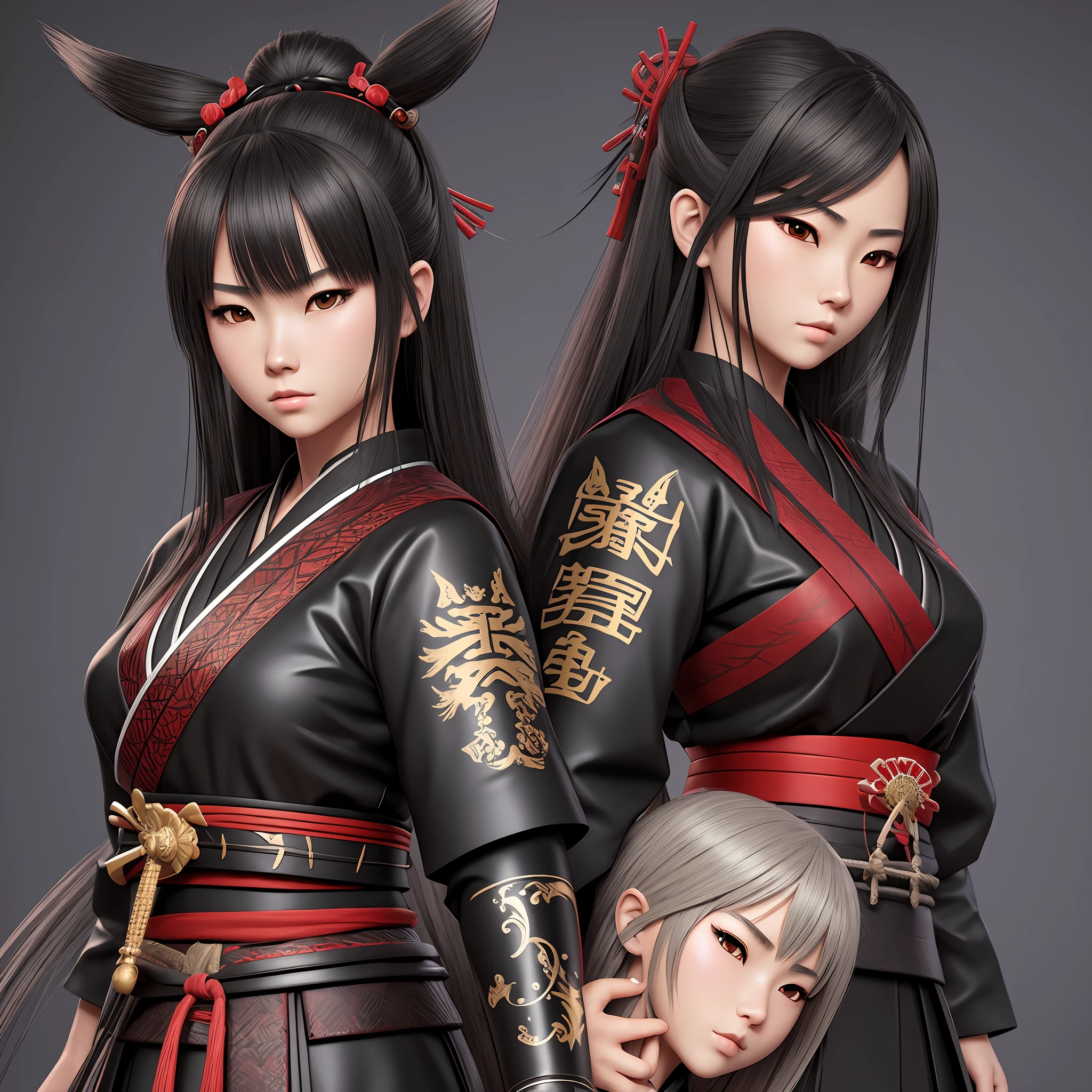 animation of samurai girls,black clothes,holding samurai,savage girls,3D,upscale,fantasy,semi realistic art --auto --s2