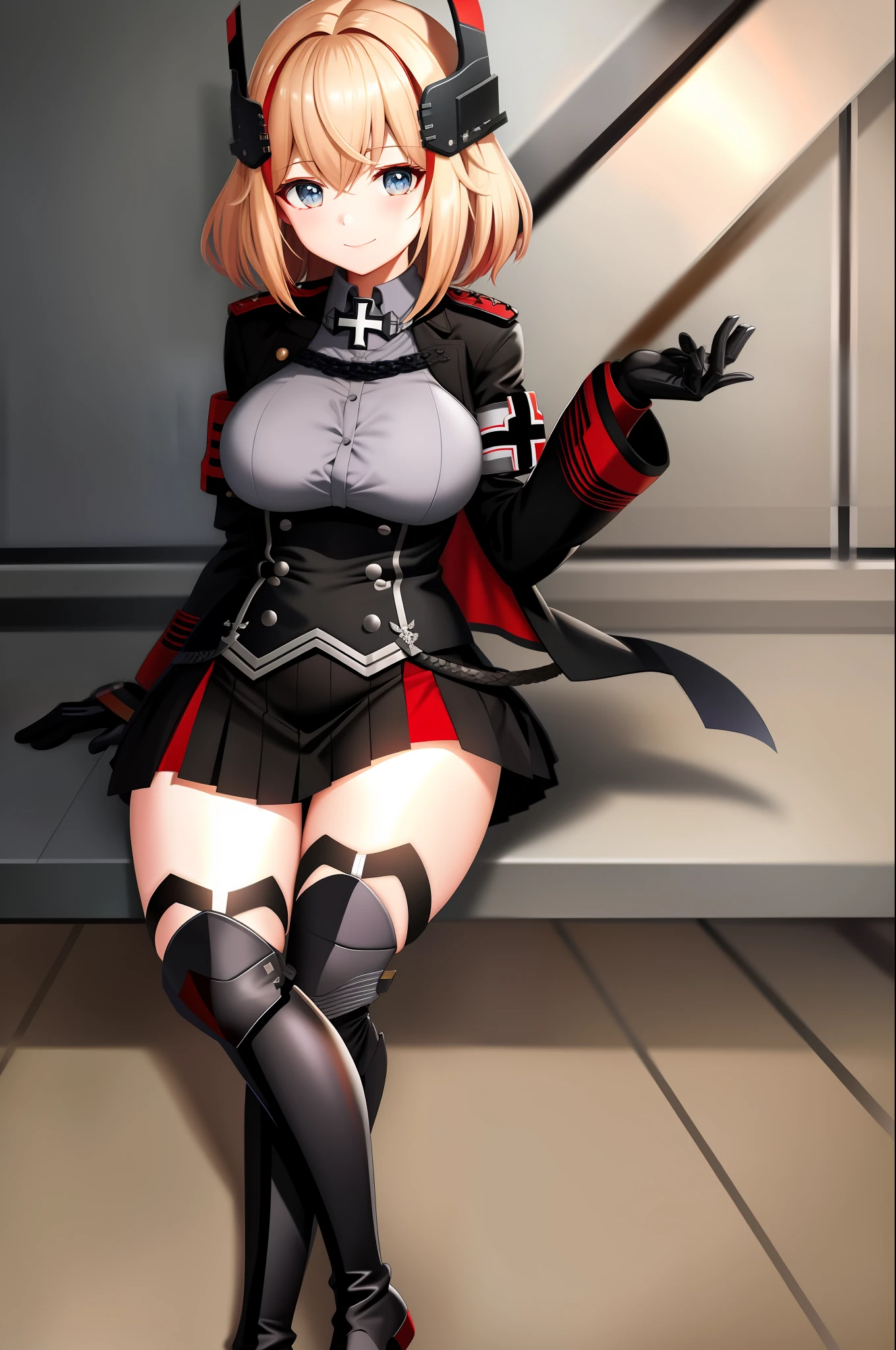 masterpiece, best quality, RoonV4, 1girl, solo, looking at viewer, smile, sit, skirt, shirt, gloves, long sleeves, closed mouth, standing, jacket, upperbody, sidelocks, pleated skirt, boots, black gloves, collared shirt, miniskirt, black skirt, black footwear, black jacket, buttons, headgear, knee boots, cross, armband, grey shirt, cropped jacket, iron cross,
