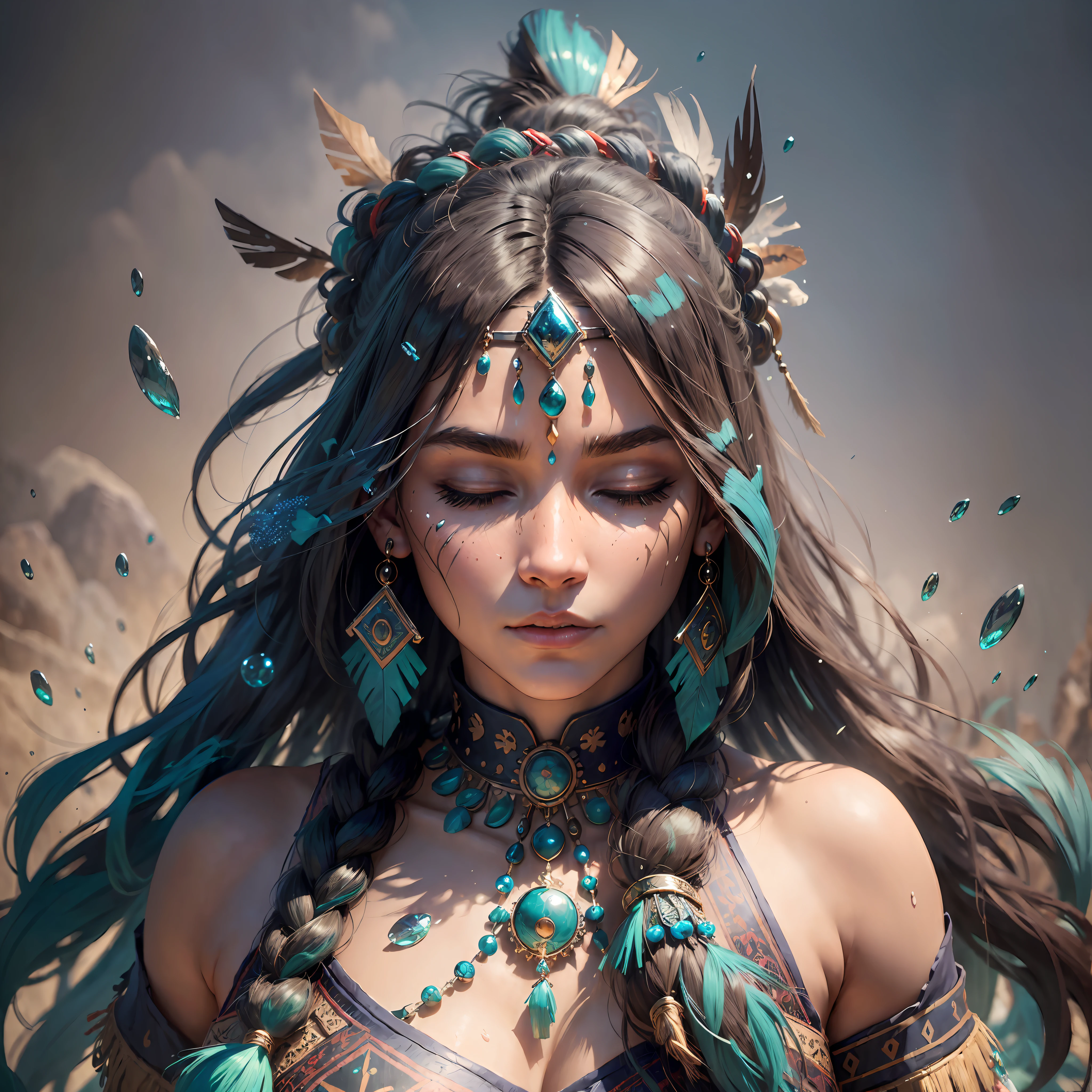 (full portrait), (half shot), solo, detailed background, detailed face, (stonepunkAI, stone theme:1.1), wise, (female), (native american), (beautiful hair, braids:0.2), shaman, septum piercing, mystical, (gorgeous face), stunning, head tilted upwards, (eyes closed, serene expression), calm, meditating, Seafoam Green frayed clothes, prayer beads, tribal jewelry, feathers in hair, headdress:0.33, jade, obsidian, detailed clothing, cleavage, realistic skin texture, (floating particles, water swirling, embers, ritual, whirlwind, wind:1.2), sharp focus, volumetric lighting, good highlights, good shading, subsurface scattering, intricate, highly detailed, ((cinematic)), dramatic, (highest quality, award winning, masterpiece:1.5), (photorealistic:1.5), (intricate symmetrical warpaint:0.5), --auto --s2