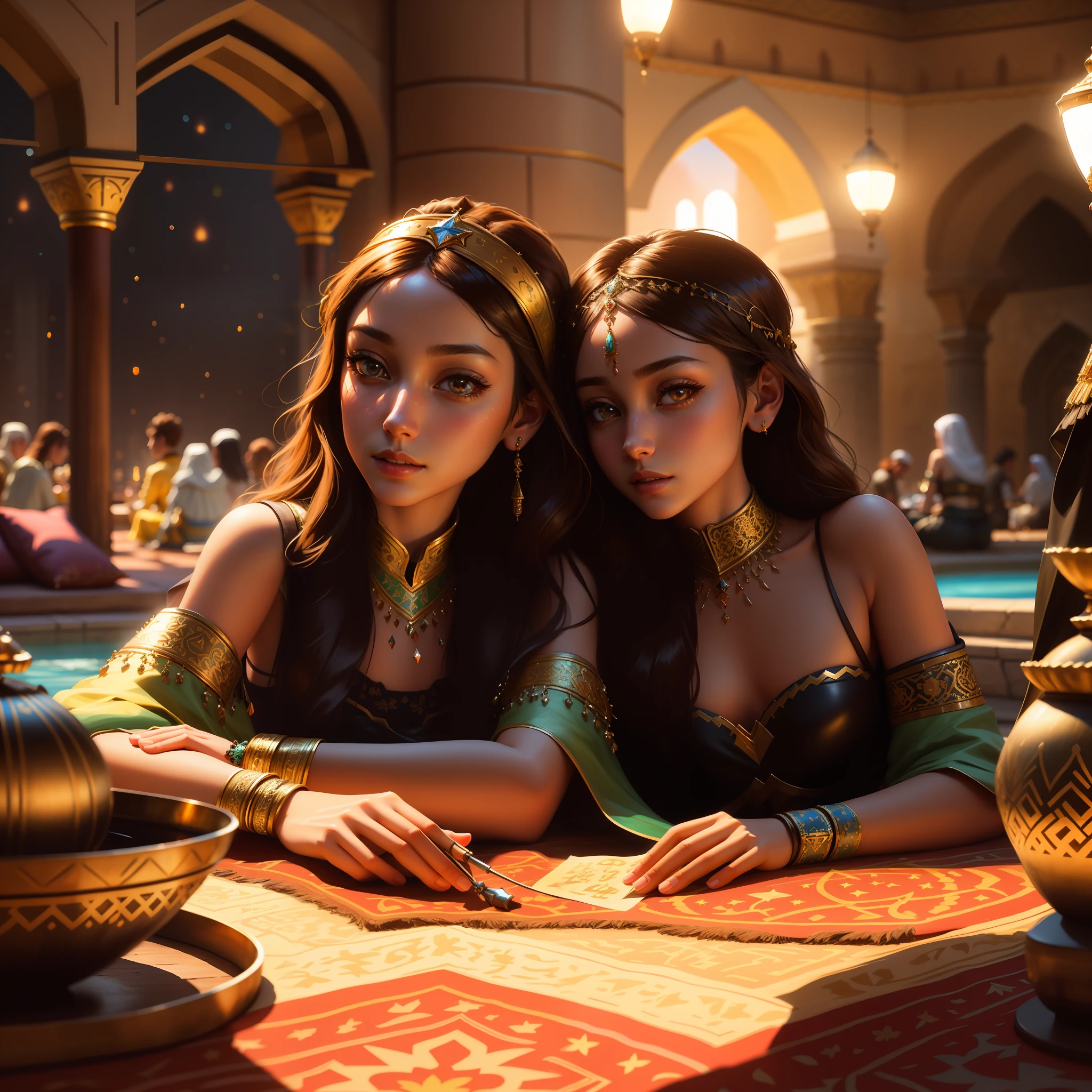 high detail, young girls, European/Arab/black/Asian/Slavic, ((belly dance)), spectators sitting, (Turkish sultan's harem), (near the pool), outdoor, (slim), (detailed leather), (flowers, fruits, pillows, carpets, tables), (fantasy), (figurines, night, stars), detailed eyes, depth of field, masterpiece, best quality, intricate, (night lighting), particle effects, ray tracing, tone mapping, high detail, concept art, smoothness, clear focus, highly detailed illustrations, cinematic, hyper-realistic painting, 8K, incredible shadows, realism (highly detailed background: 1.2)