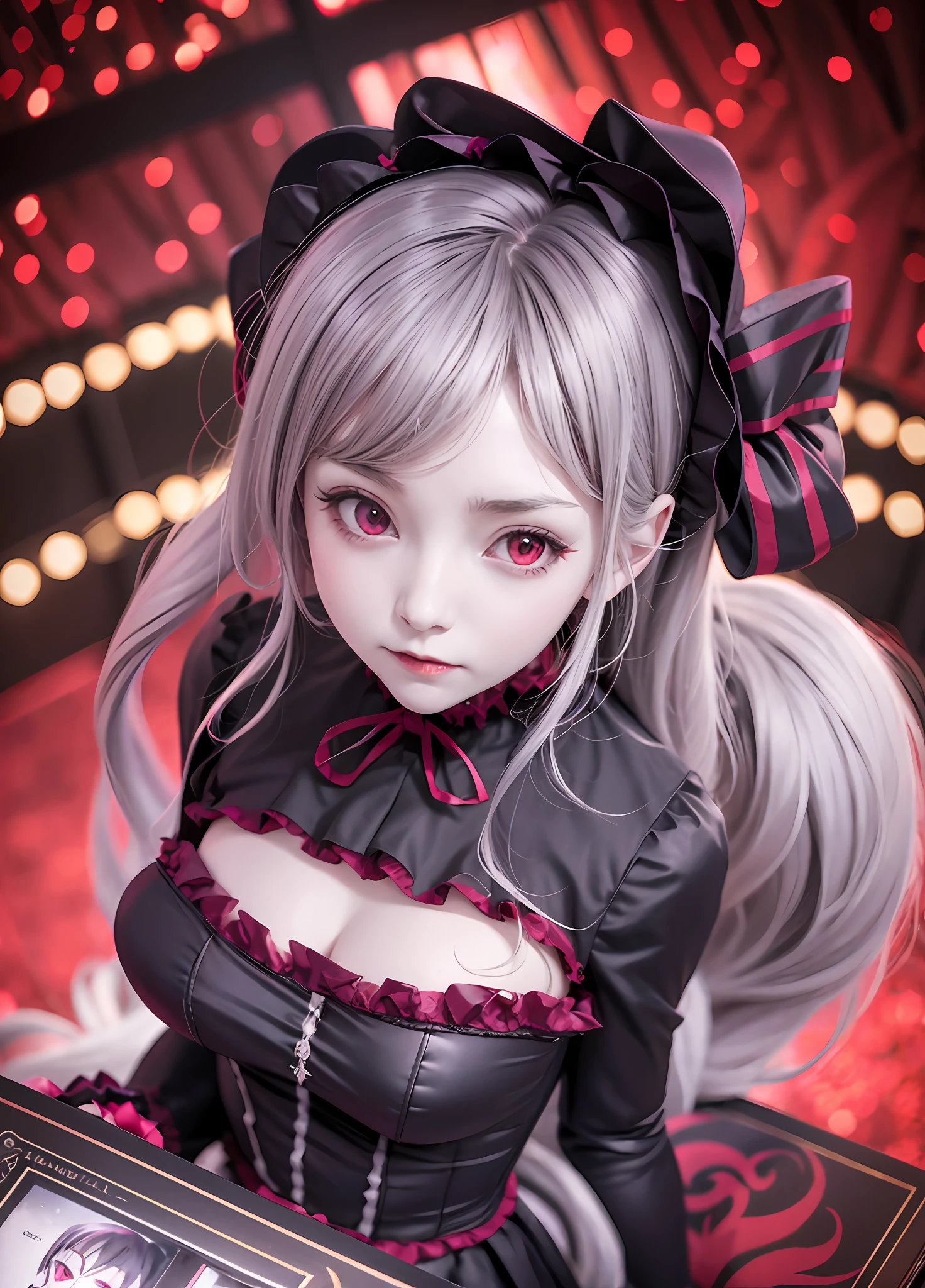 Shalltear Bloodfallen from Overlord, vampire gothic lolita schoolgirl vtuber, large breasts, sfw, hololive Japan, anime hyperrealism, photorealistic, 8k, curvy but slender, petite, small waist, kawaii, looking at viewer