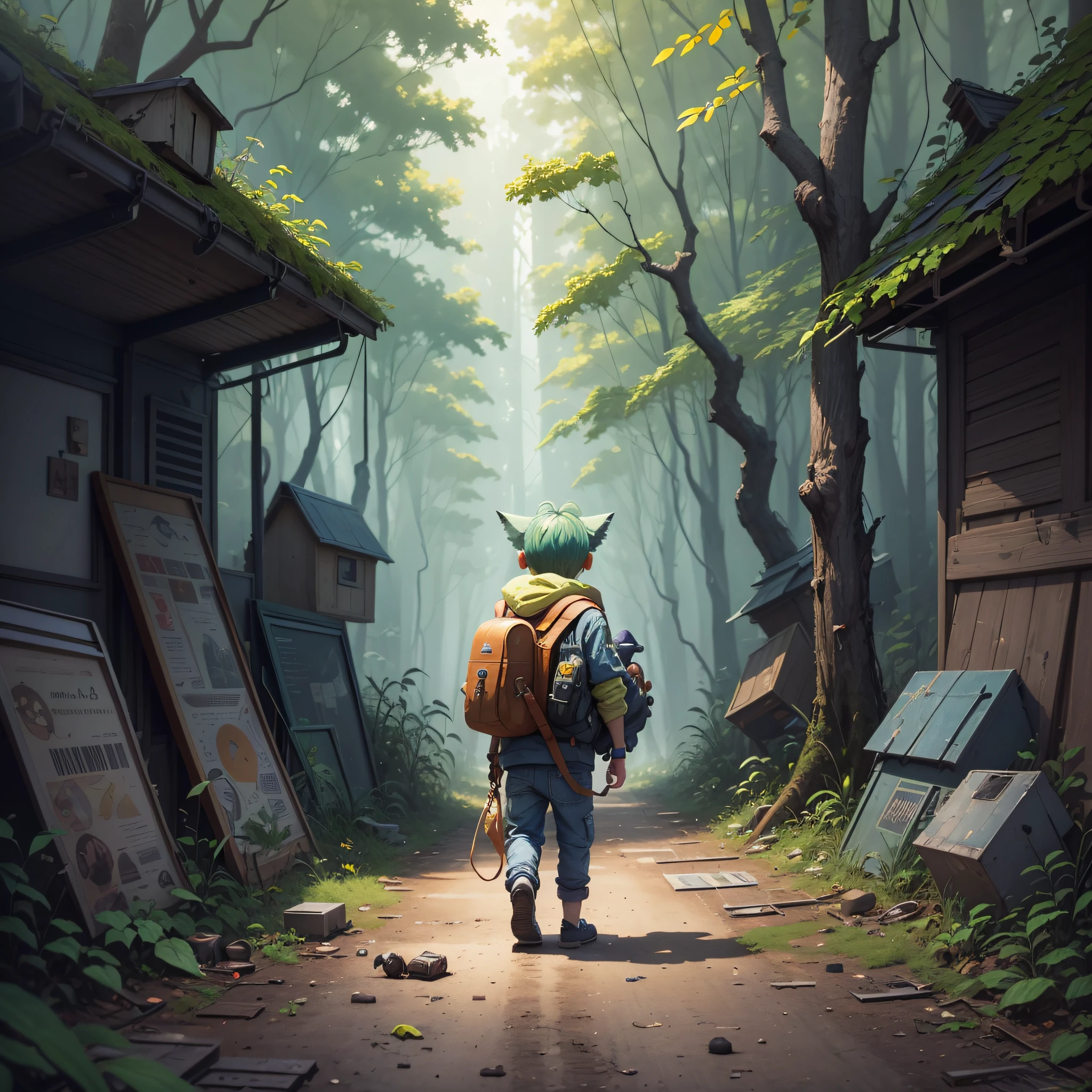 A little alien boy with feline features and yellow eyes, but with a human appearance without a cat's ear, with a backpack and his pet alien cat, building a spaceship with materials from a junkyard in a clearing in the middle of a forest. The illustration is a high-definition illustration in 4K resolution, featuring highly detailed facial features and cartoon-style visuals. --auto --s2