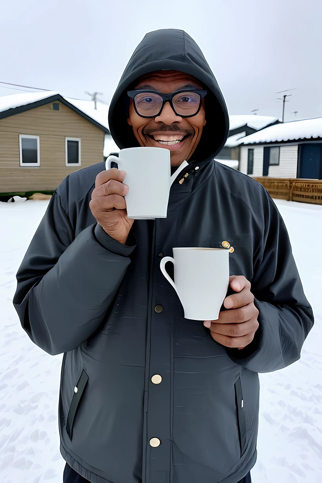 Guttonerdvision3, a 50-year-old man wearing glasses, a sharp and detailed face and skin, holding a hot and smoky cup of tea, wearing a hooded Eskimo outfit windbreaks in the snow of the North Pole