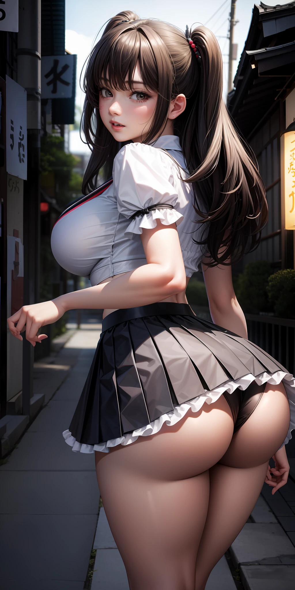 Realistic, 1 girl, mini skirt with ruffles, big breasts, ass emphasis, Japan person