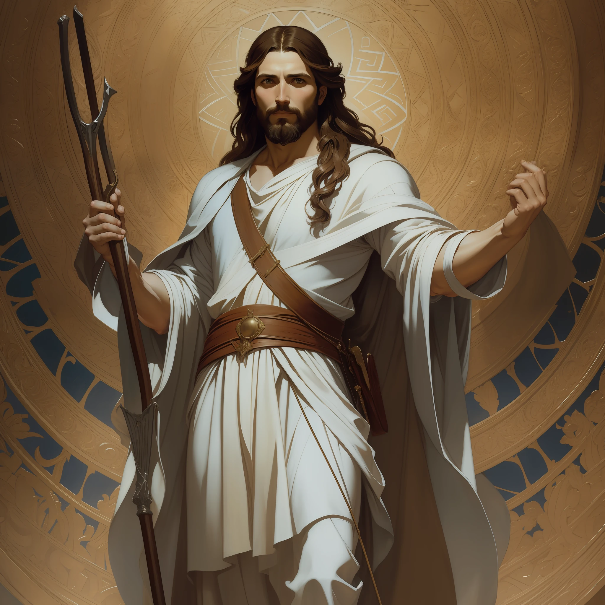A beautiful ultra-thin realistic portrait of Jesus, the prophet, a 33-year-old Jewish man, long brown hair, long brown beard, wearing white tunic, holding a staff, in front view,taught the dicispulos, full body, biblical, realistic, intricate details, by Abbott Fuller Graves, Bartolome Esteban Murillo, J.C. Leyendecker, Craig Mullins, Peter Paul Rubens, (Caravaggio), Trend in Artstation, 8k, Concept Art, PhotoRealistic, Realistic, Illustration, Oil Painting, Surrealism, HyperRealistic, brush brushes, Digital art, style, watercolor