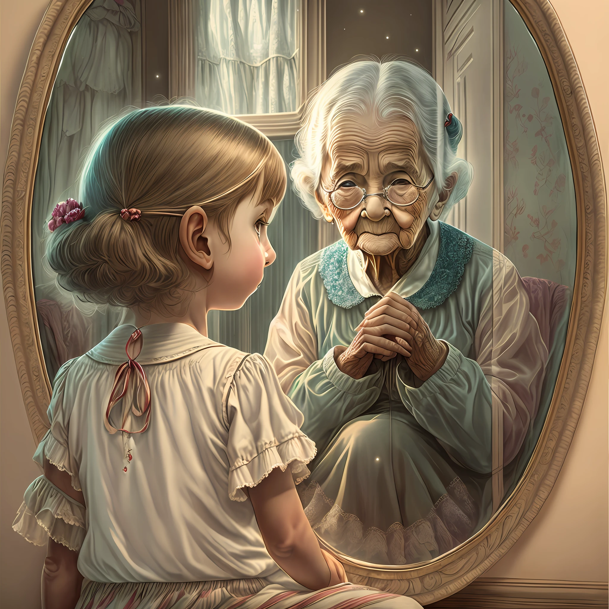 Child looking in the mirror and reflecting an elderly woman --auto --s2
