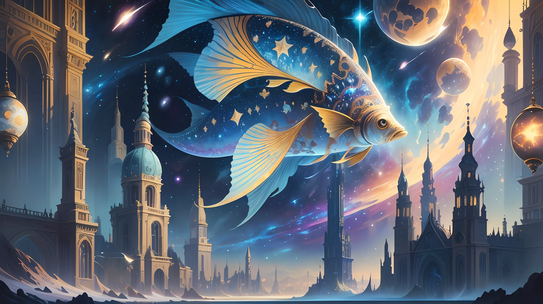 Artwork, surrealism, highly detailed, intricate details, oil painting, best quality, cosmic, starry, various fish flying in space, fish sign concept, golden ratio, beautiful, cosmic concept, 8k, cinematic light, starry background, vibrant colors, UHD, by Greg Rutkowski and Alphonse Mucha
