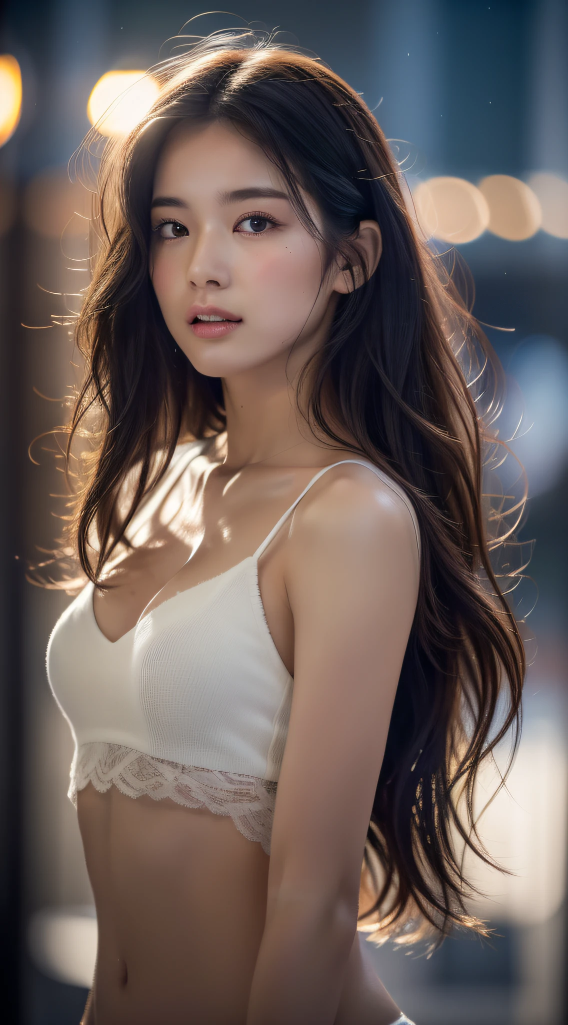 Full body composition, mix4, (8K, RAW photo, highest quality, masterpiece: 1.2), (realistic, photorealistic: 1.37), 1 girl, cute, cityscape, night, rain, wet, professional lighting, photon mapping, radiosity, physically based rendering, gradient brunette hair, short curly, raking hair by hand, handsome, girly, White ball set, excellent image quality, high resolution, 1080p, (clear face), (detailed face description), (detailed hand description), (masterpiece), (exquisite CG), extreme light and shadow, disheveled hair, masterpiece, rich detail, (exquisite facial features), (best image quality), (masterpiece), (eye for details), looking forward to the eyes, delicate collarbone