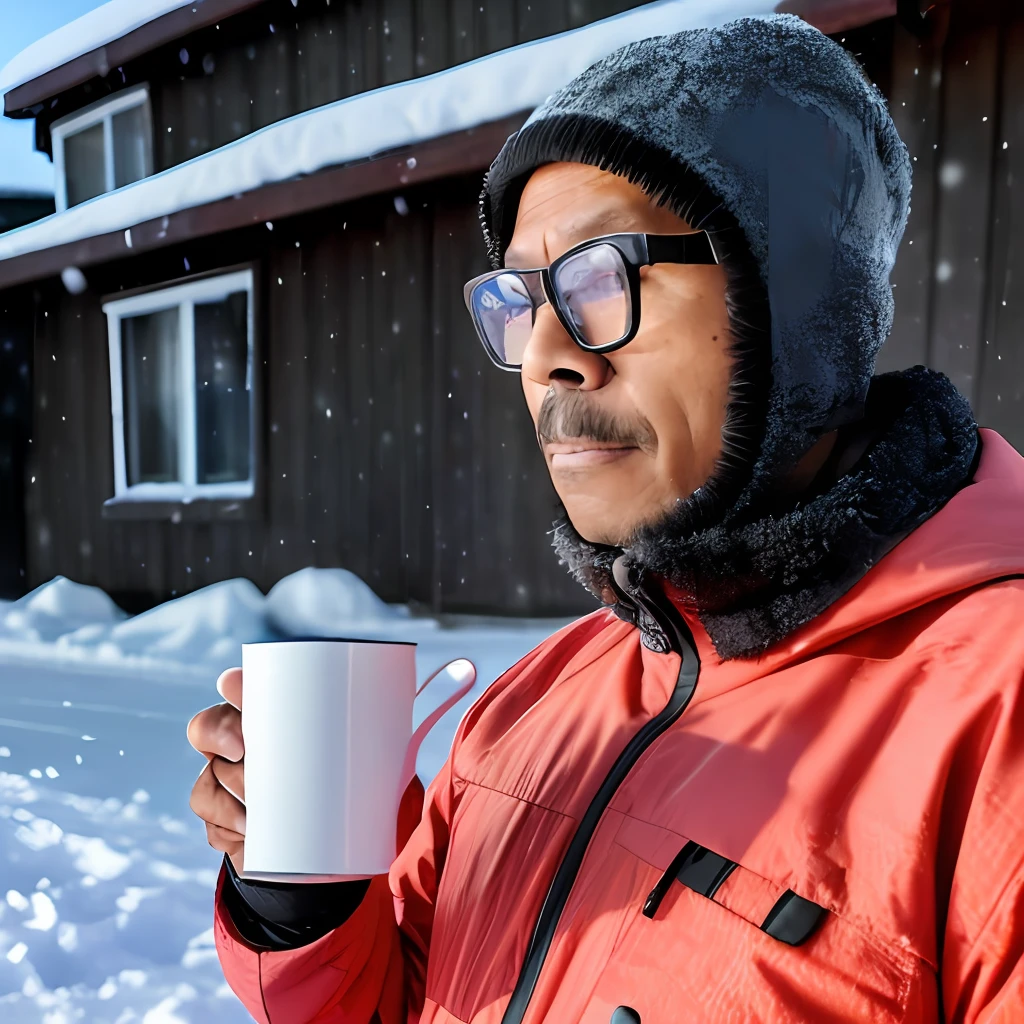 Guttonerdvision3, a 50-year-old man wearing glasses, a sharp and detailed face and skin, holding a hot and smoky cup of tea, wearing a hooded Eskimo outfit windbreaks in the snow of the North Pole