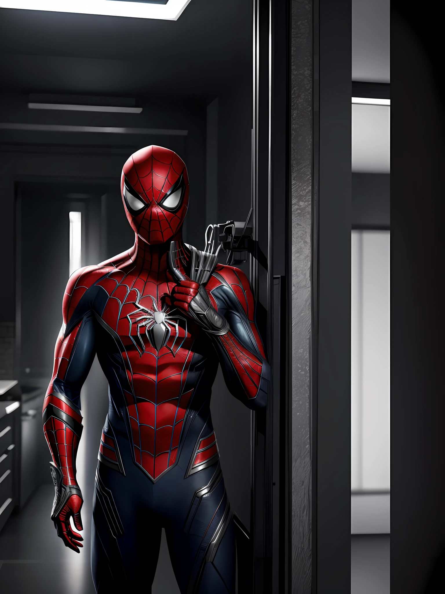 (8k, RAW photo, best quality, masterpiece:1.2), ultra detailed, official art, photo-realistic:1.37, upper body shot, marvel spiderman, film grain, action pose