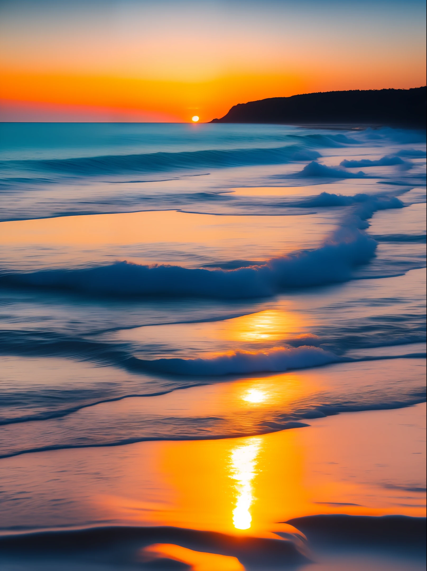 Sunset on a beach with crystal clear water