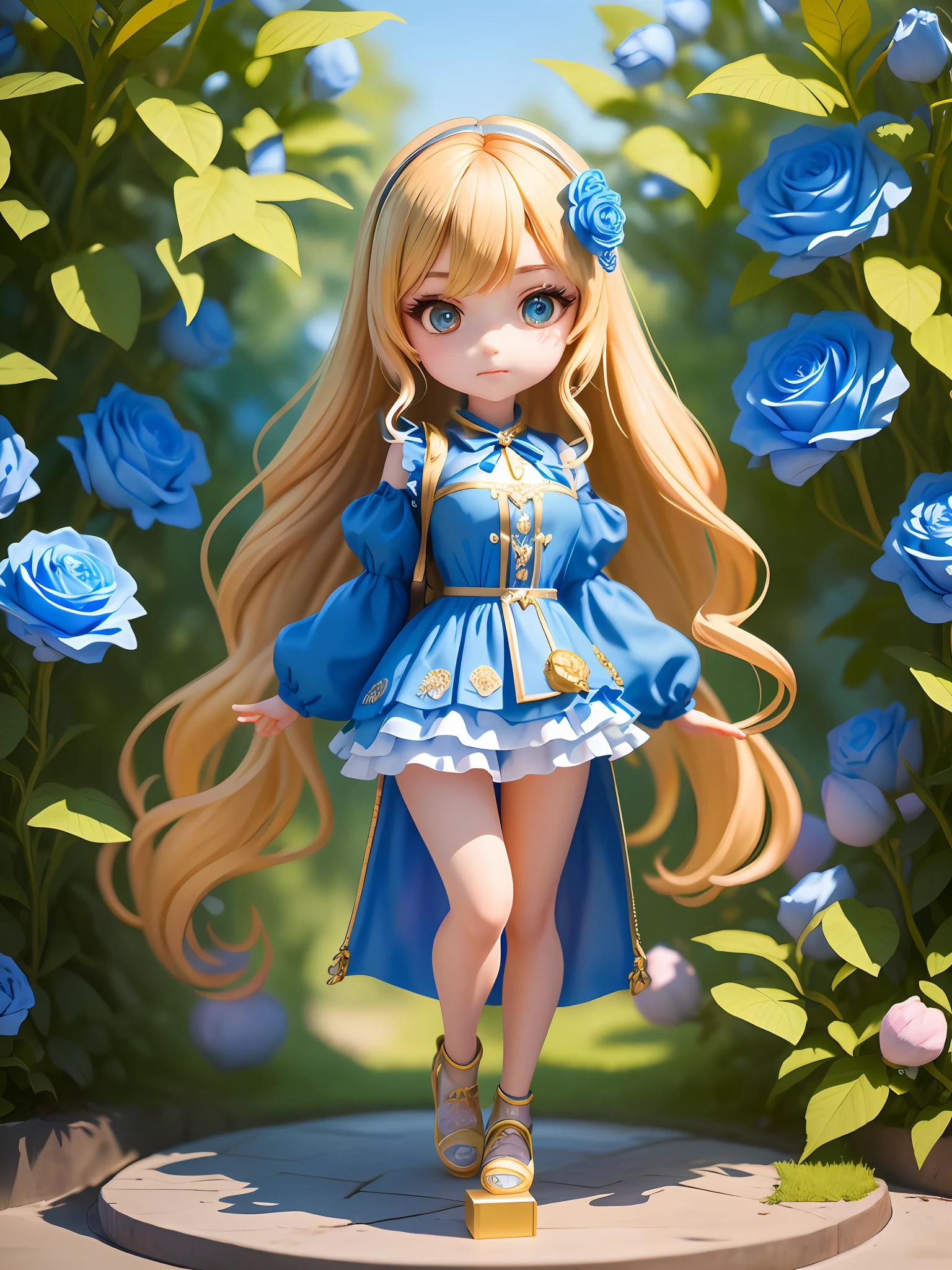 (masterpiece),(best quality),(ultra-detailed), ((full body:1.5)), (chibi), 1girl, cute, (beautiful detailed face), (beautiful detailed eyes), girl opening a (golden giant treasure box), box filled with (blue roses), modern setting. She has a look of surprise on her face, as if she has just stumbled upon something magical, bright and natural lighting, sunshine , indoor lighting, modern outfit, trendy blouse, loose and voluminous hairstyle,. The blue roses spill out of the box, creating a beautiful and enchanting scene against the modern backdrop. The background is a mix of urban architecture and lush greenery, suggesting a modern world that still has room for beauty and magic. The overall effect is an image that celebrates the unexpected and the enchanting in modern life.,